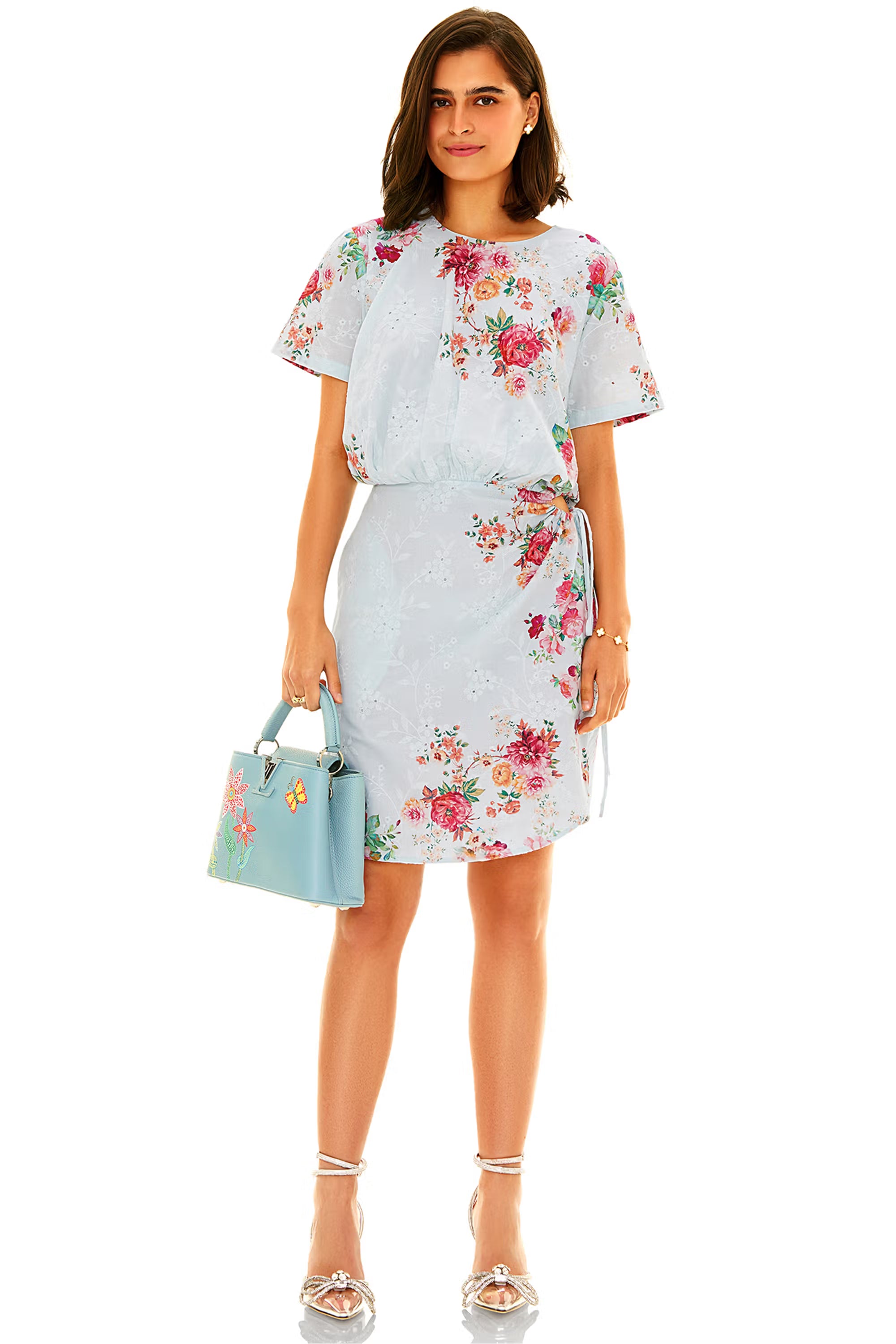 Powder blue floral mini dress with waist tie, short sleeves.