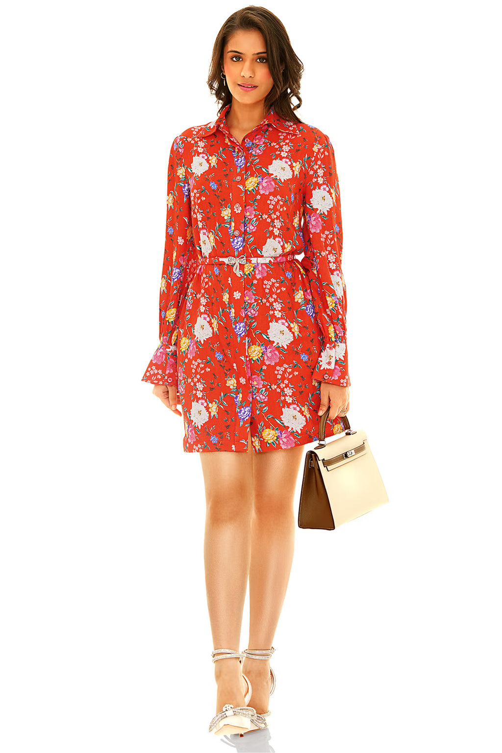 Red floral shirt-style belted mini dress with long sleeves.