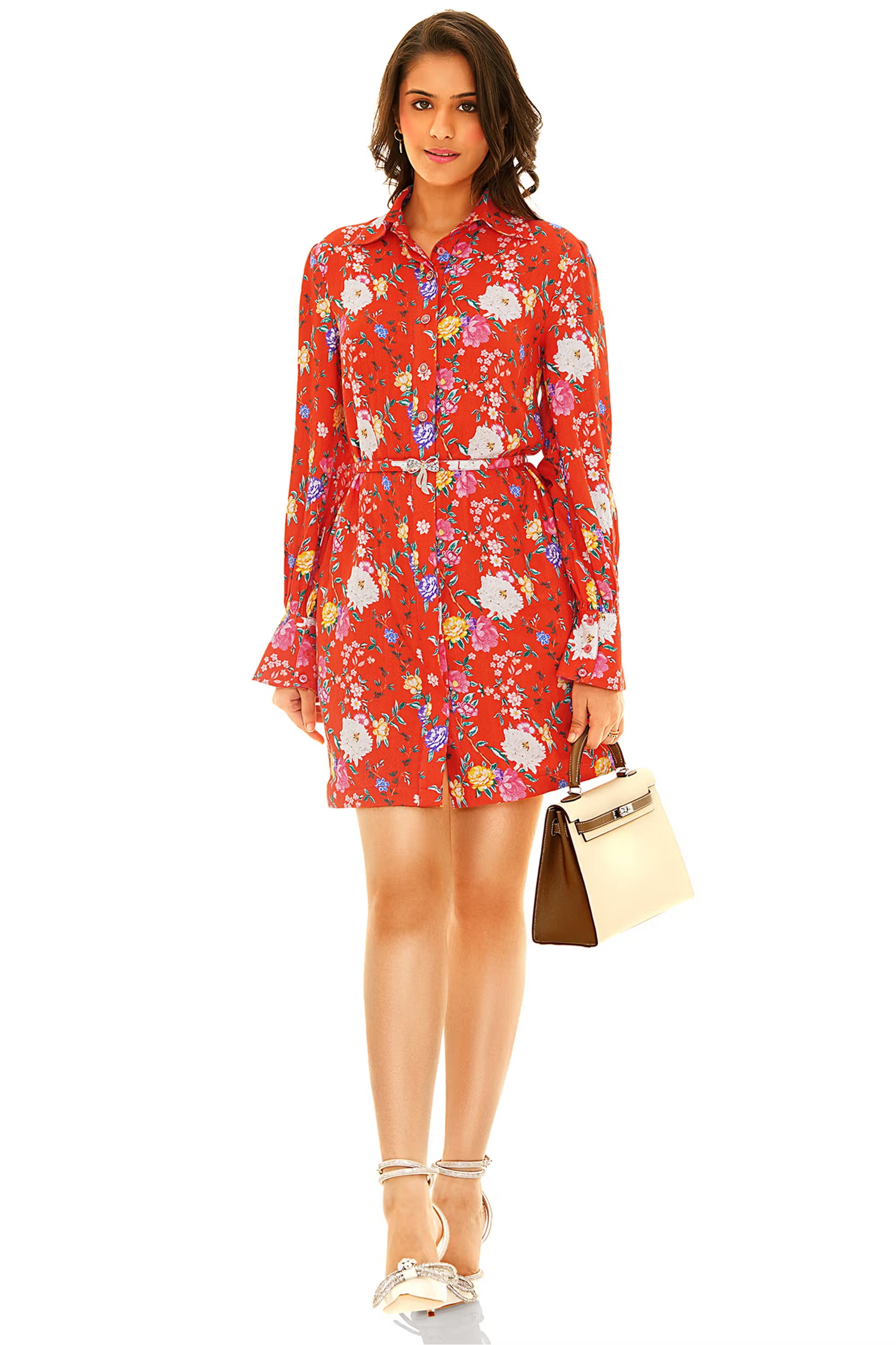 Red floral shirt-style belted mini dress with long sleeves.