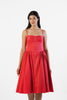 elegant red corset midi dress with spaghetti straps and flared skirt