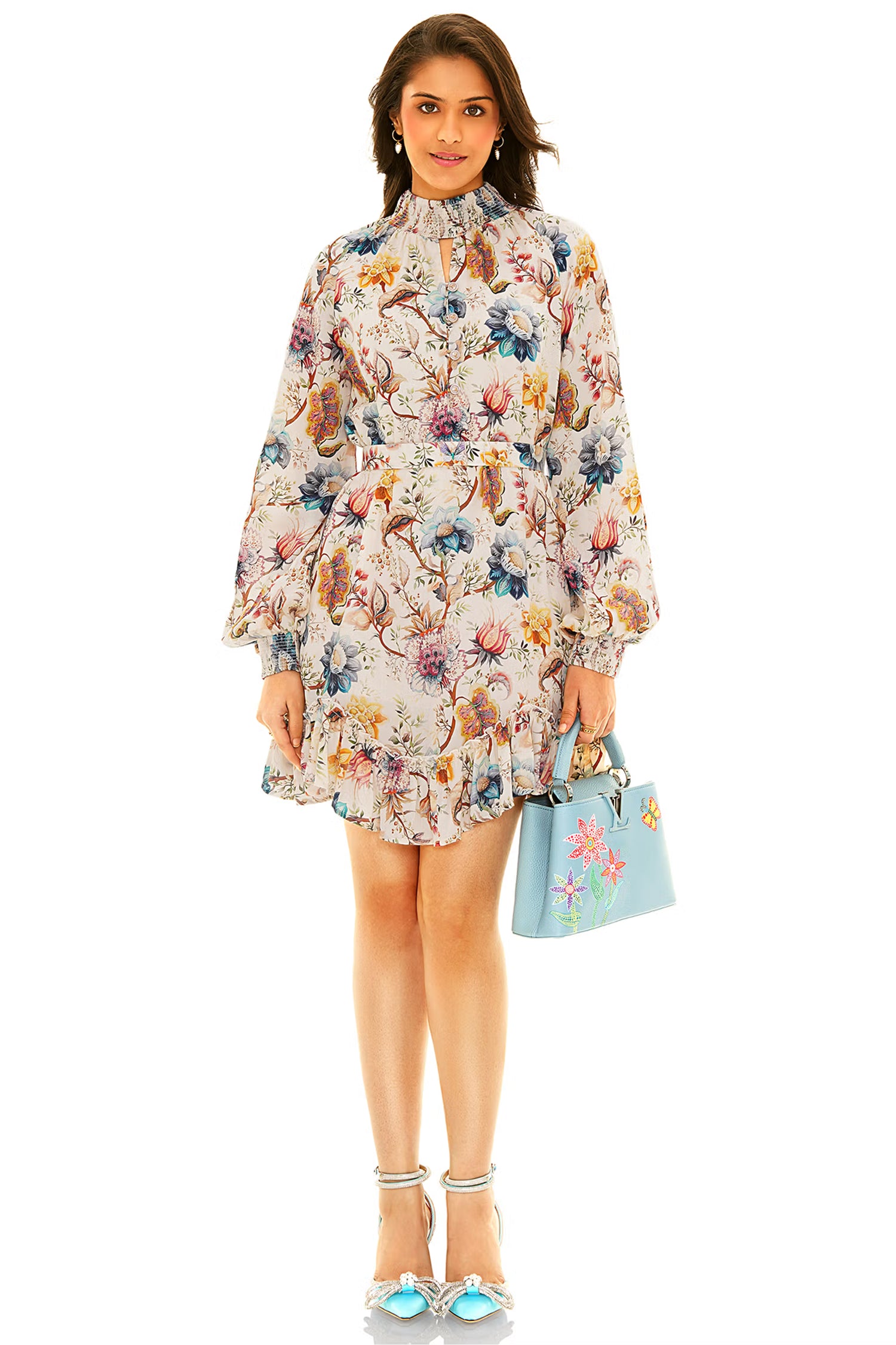 White floral high-neck long-sleeve mini dress with ruffle hem