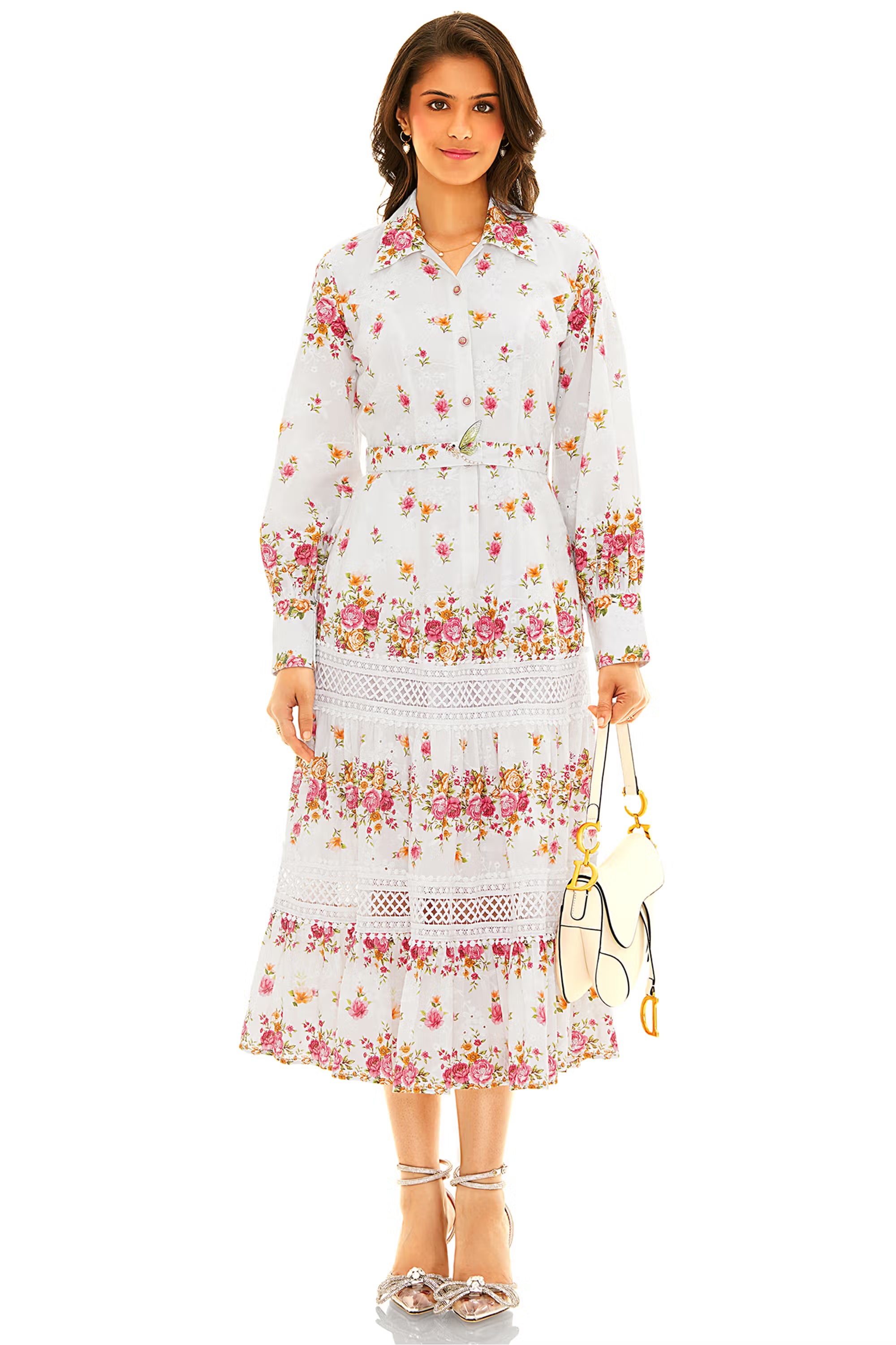 White floral lace tiered midi dress with long sleeves and belt
