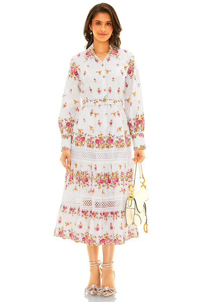 White floral lace tiered midi dress with long sleeves and belt