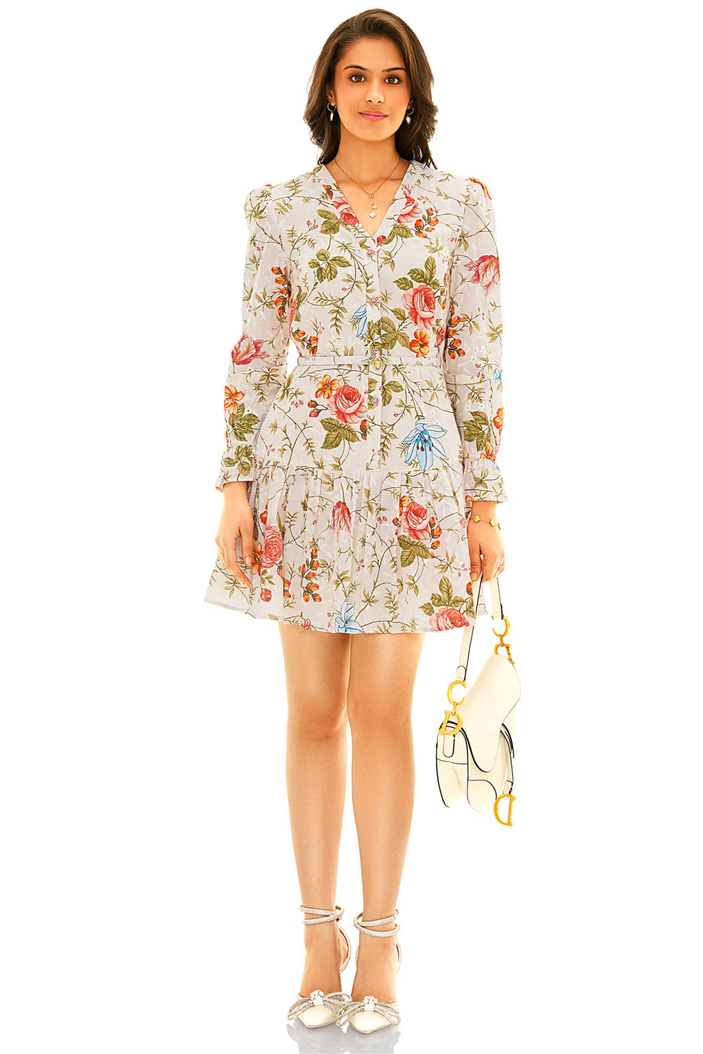 White floral V-neck long-sleeve tiered mini dress with fitted waist