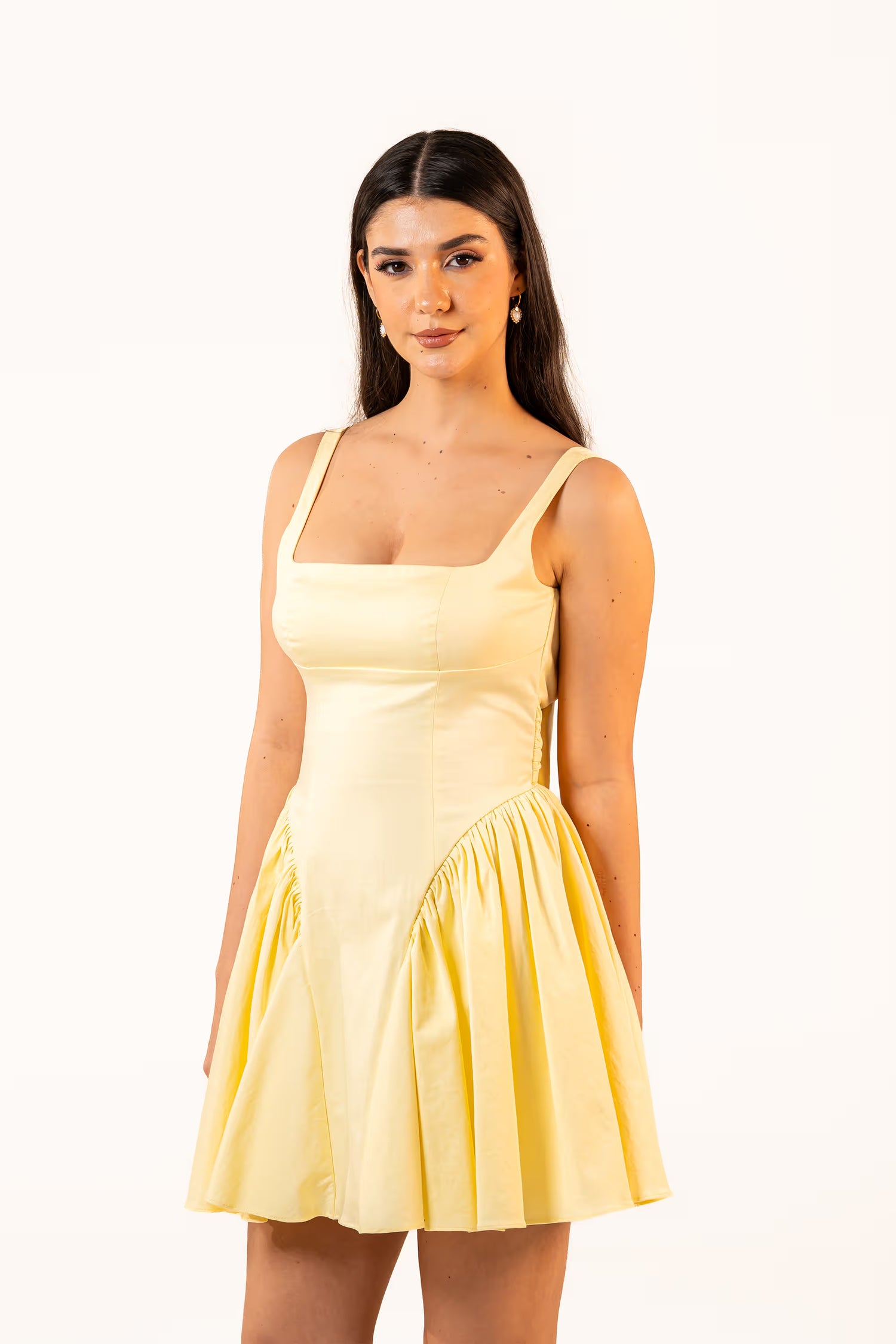 yellow square neck mini dress with fitted bodice and flared skirt