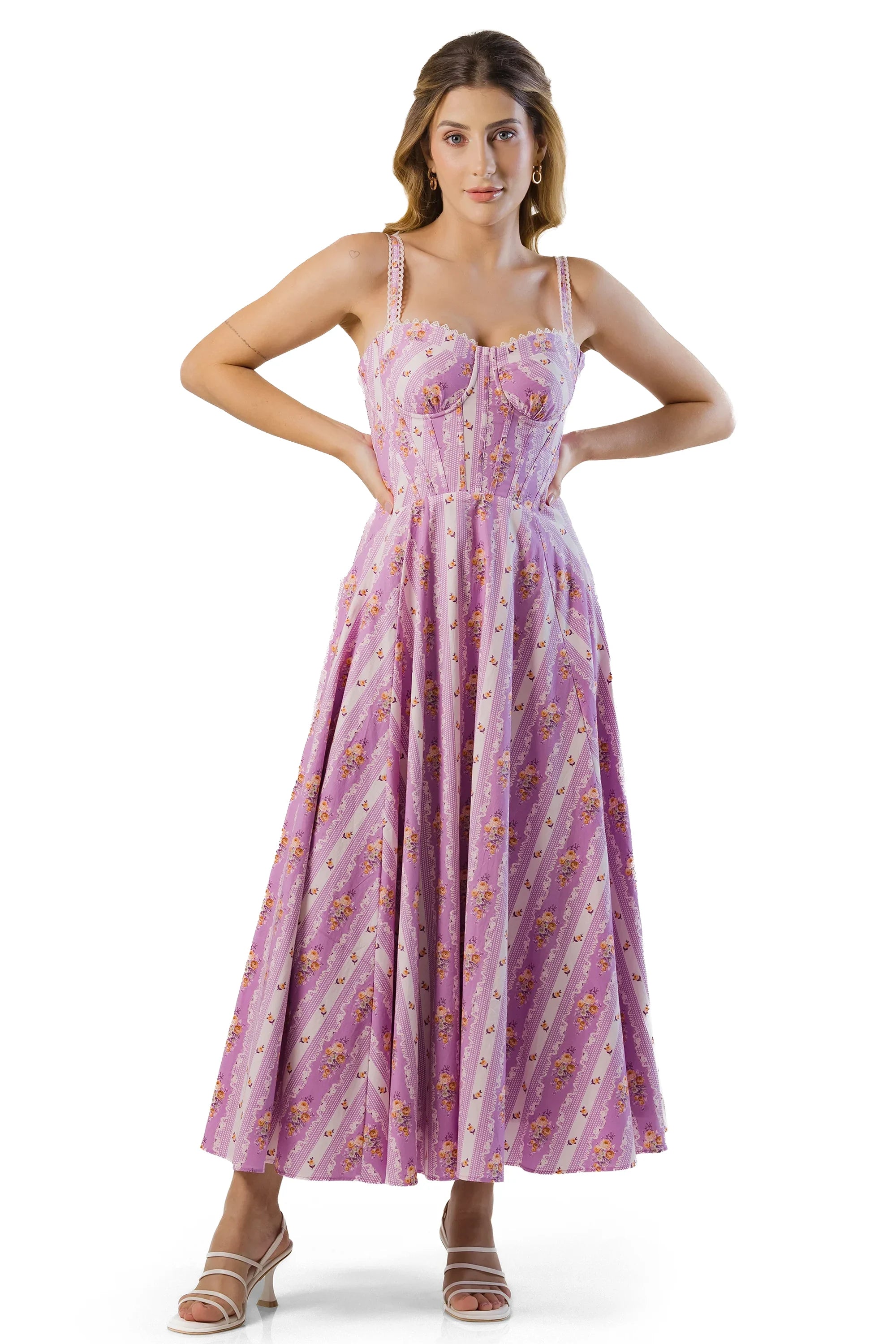 Front view: lavender floral corset midi dress; fitted bodice, sweetheart bust