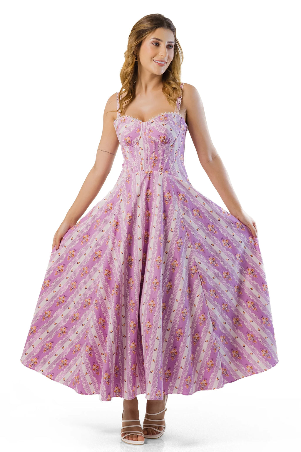 Lavender floral corset midi dress; sweetheart neck, wide flared skirt