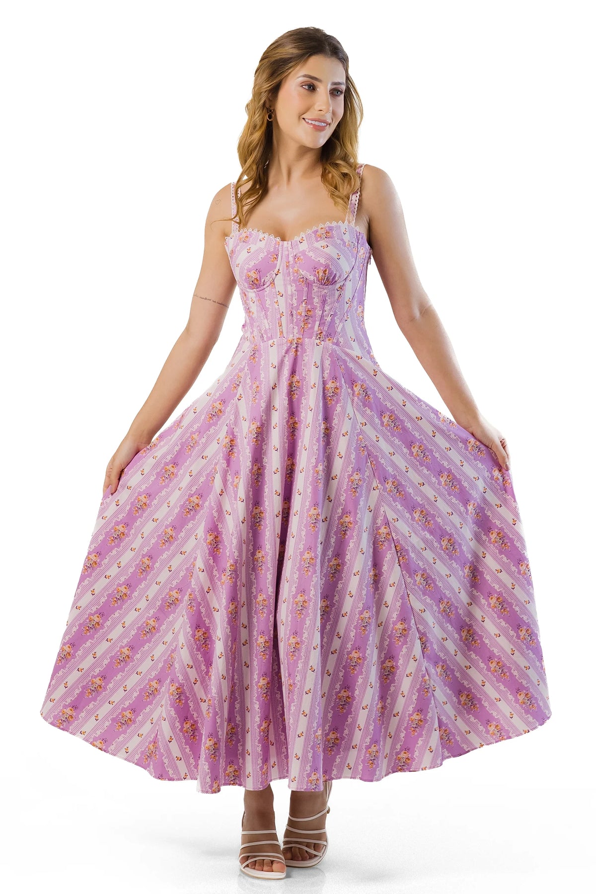 Pretty Pixie purple floral corset midi dress front