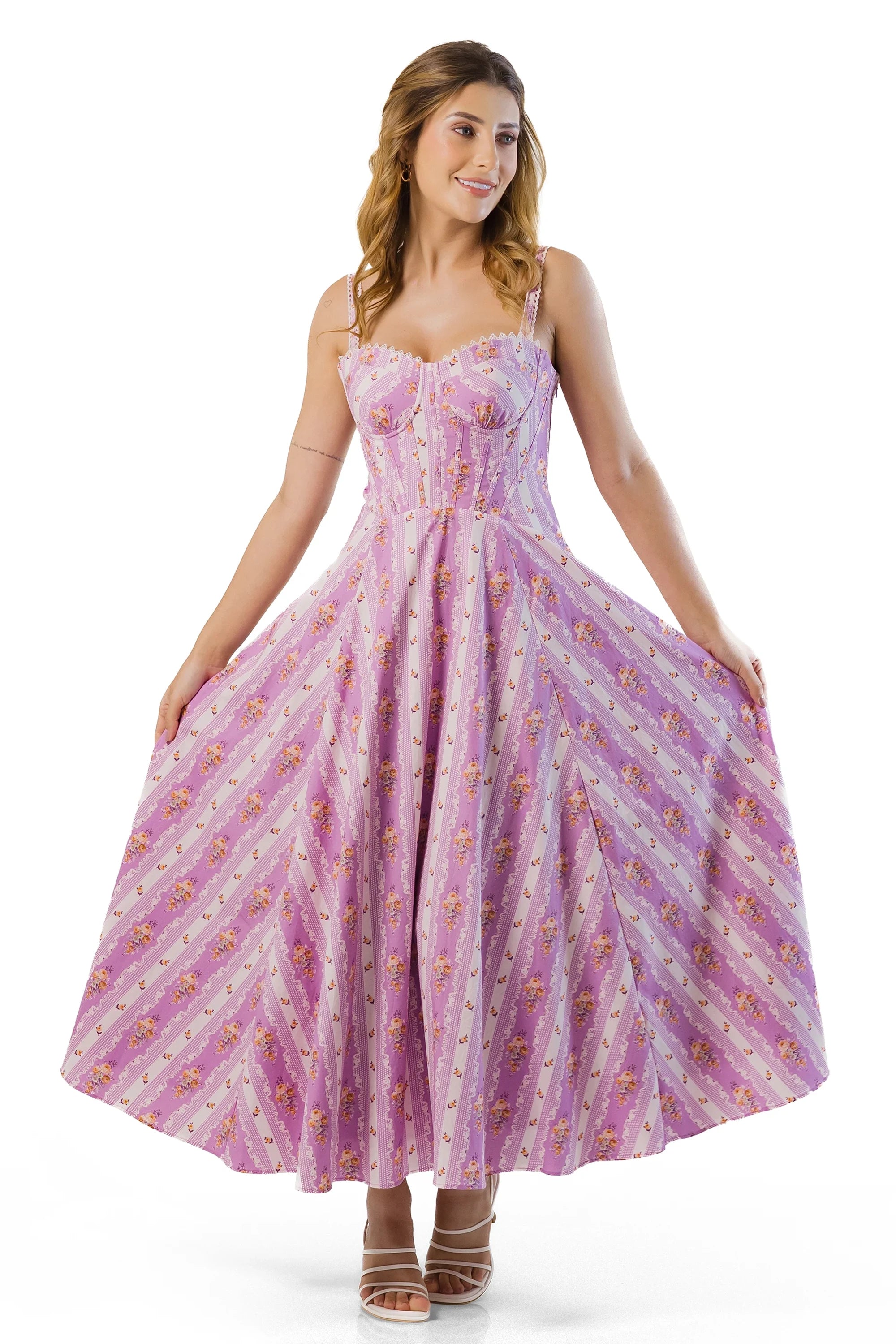 Lavender floral corset midi dress; sweetheart neck, wide flared skirt