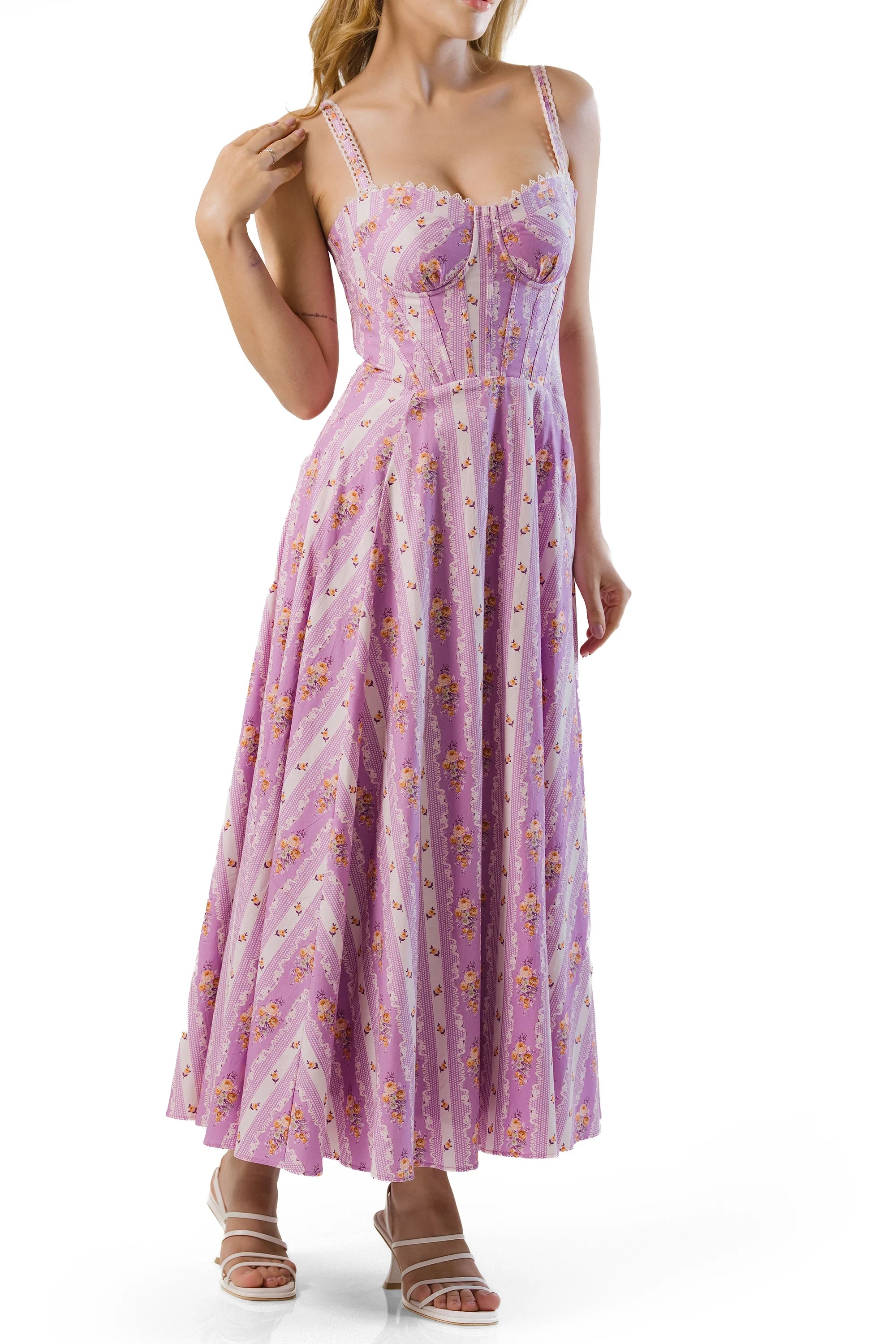 Full-length view: lavender floral corset midi dress with strappy bodice