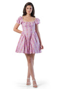 Lilac Puff-Sleeve Floral Stripe Mini Dress