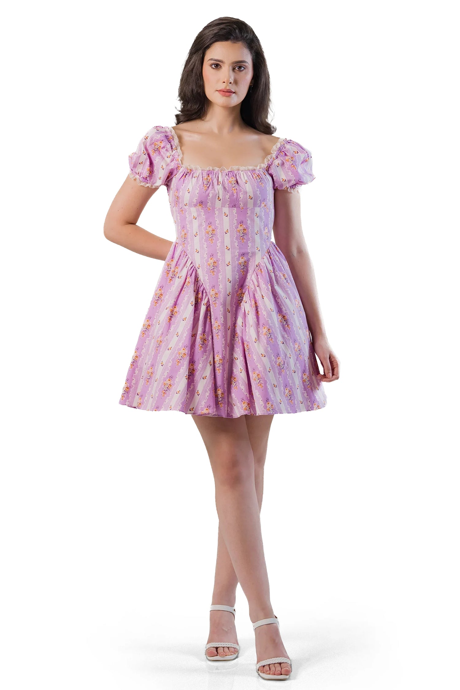 Lavender floral puff sleeve off-shoulder mini dress with flared skirt