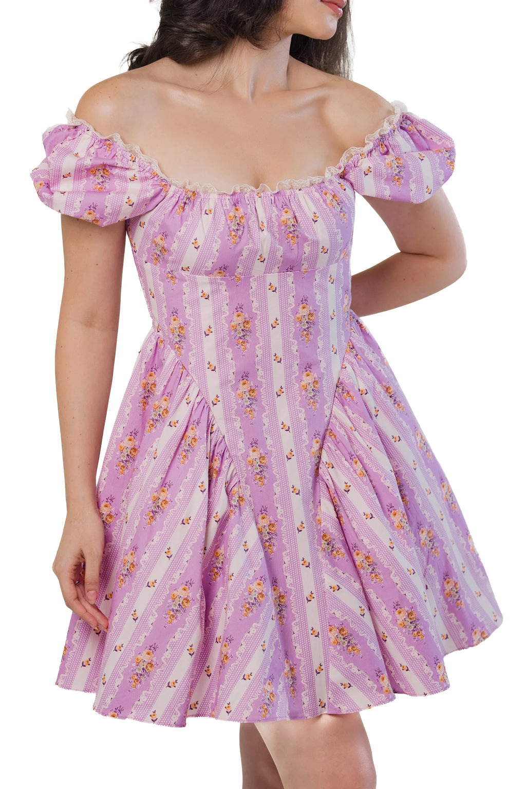 Lavender floral puff sleeve mini dress with off-shoulder neckline