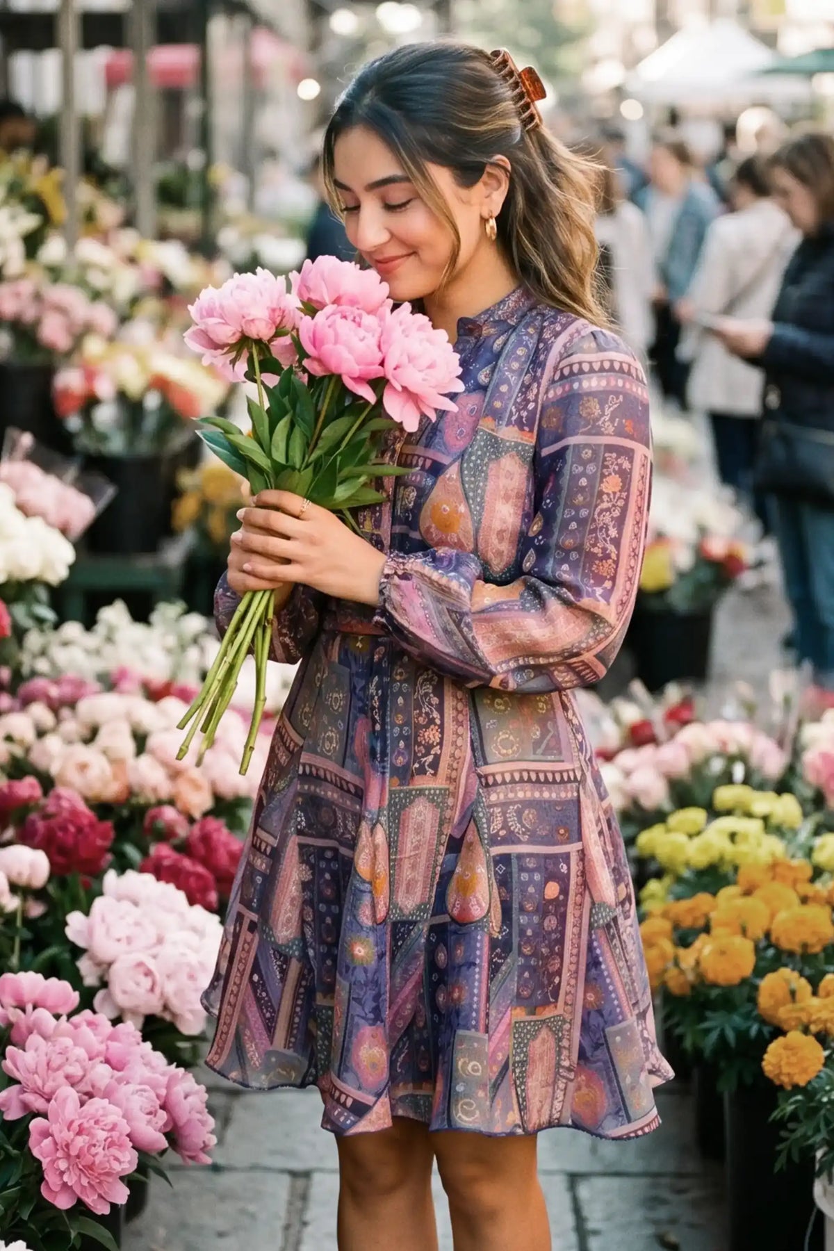 Woman holding peonies at a flower market wearing Pretty Pixie's purple jacquard ruching flared mini dress