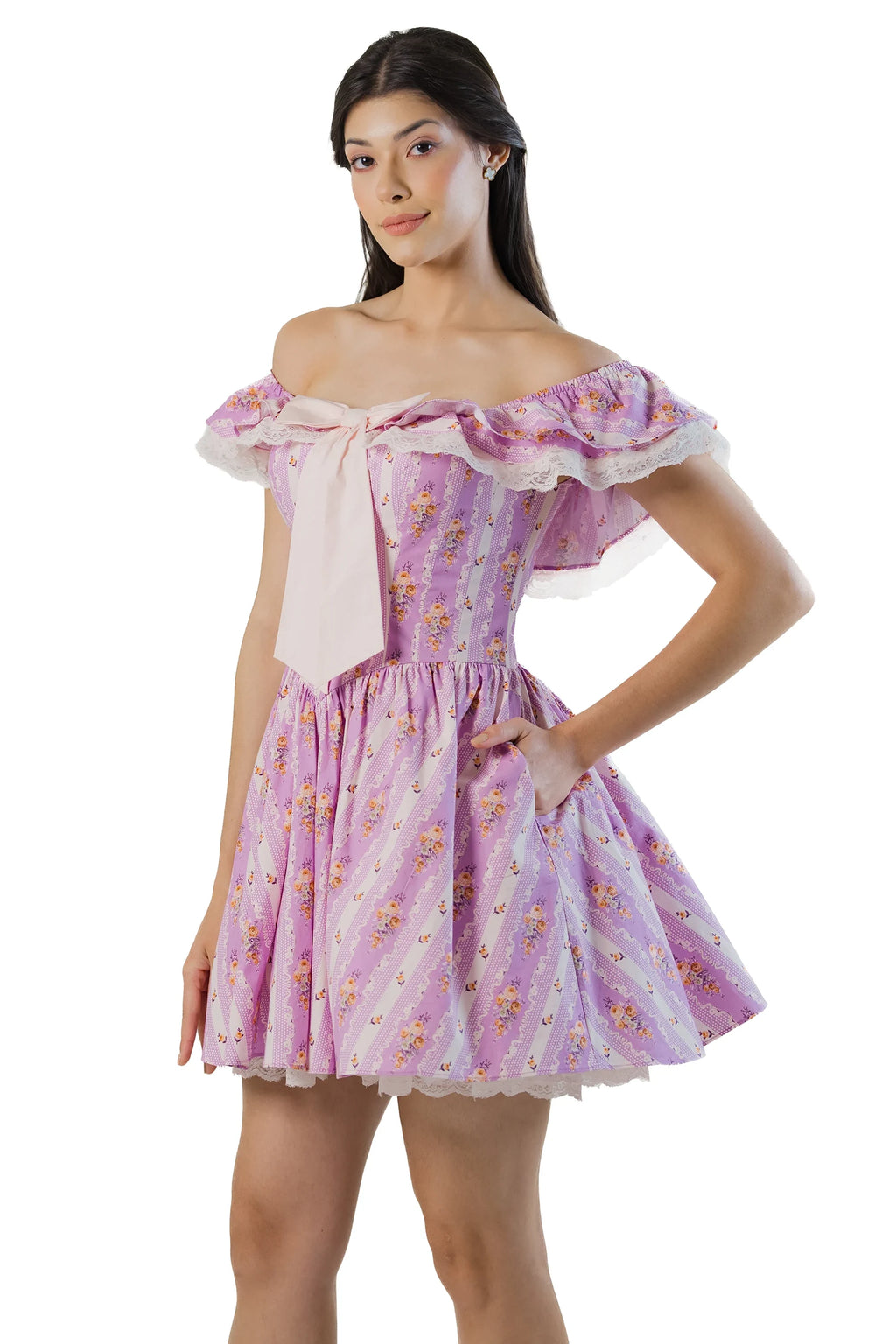 Purple floral off-shoulder mini with oversized bow, lace ruffle, flared skirt