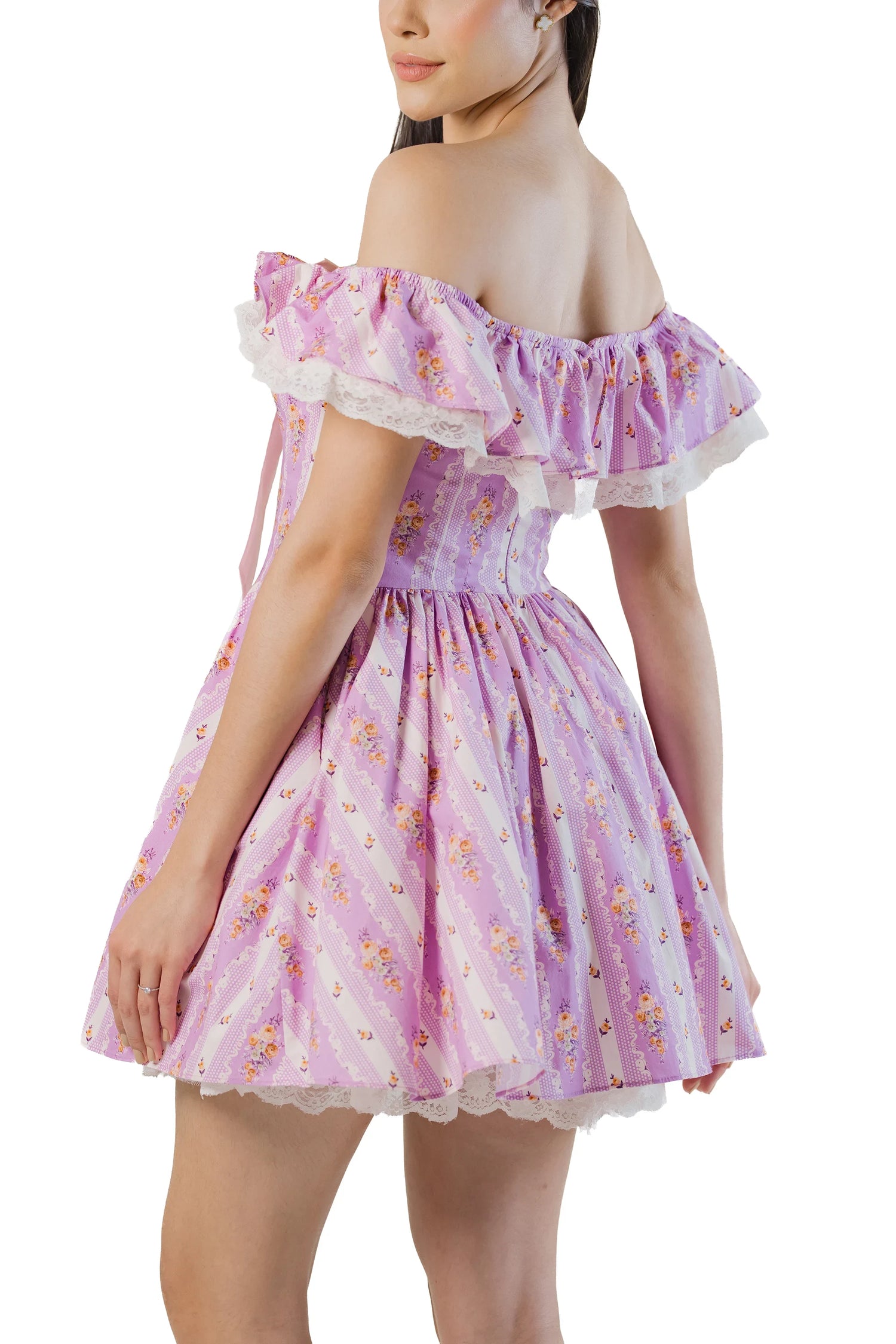 Back view: purple floral off-shoulder mini with ruffle neckline and lace hem