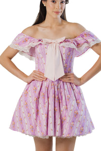 Close-up: oversized bow and lace-ruffle neckline on purple off-shoulder mini