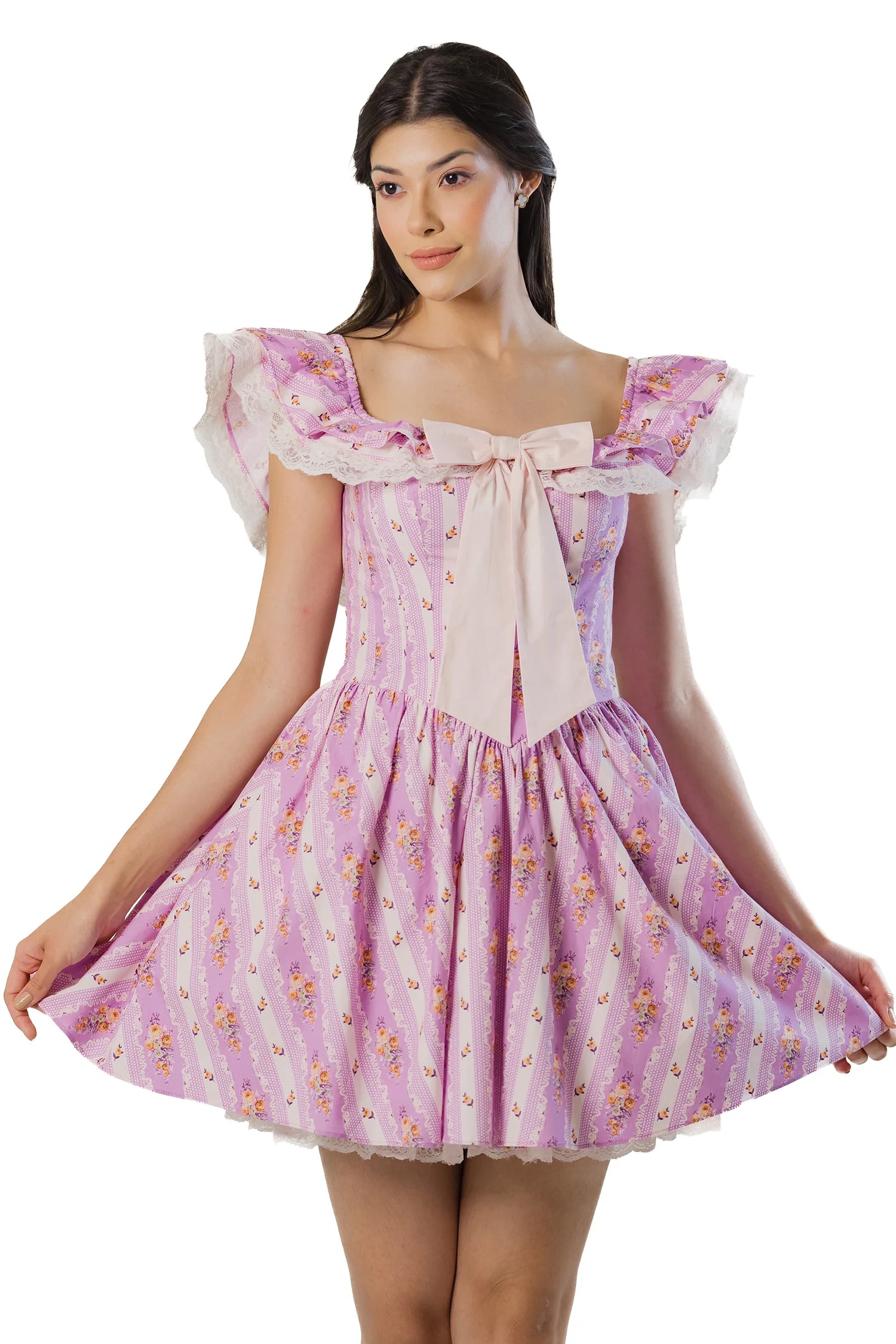 Purple floral off-shoulder mini with ruffled “butterfly” straps, flared skirt