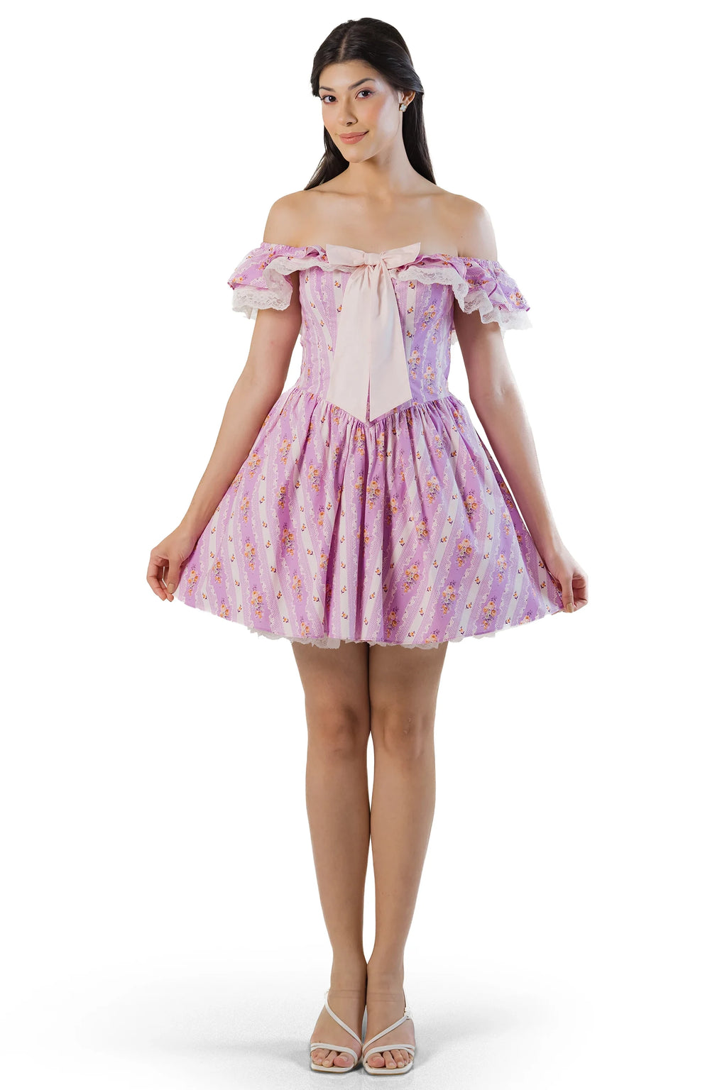 Front view: purple floral off-shoulder mini dress with big bow and flared hem