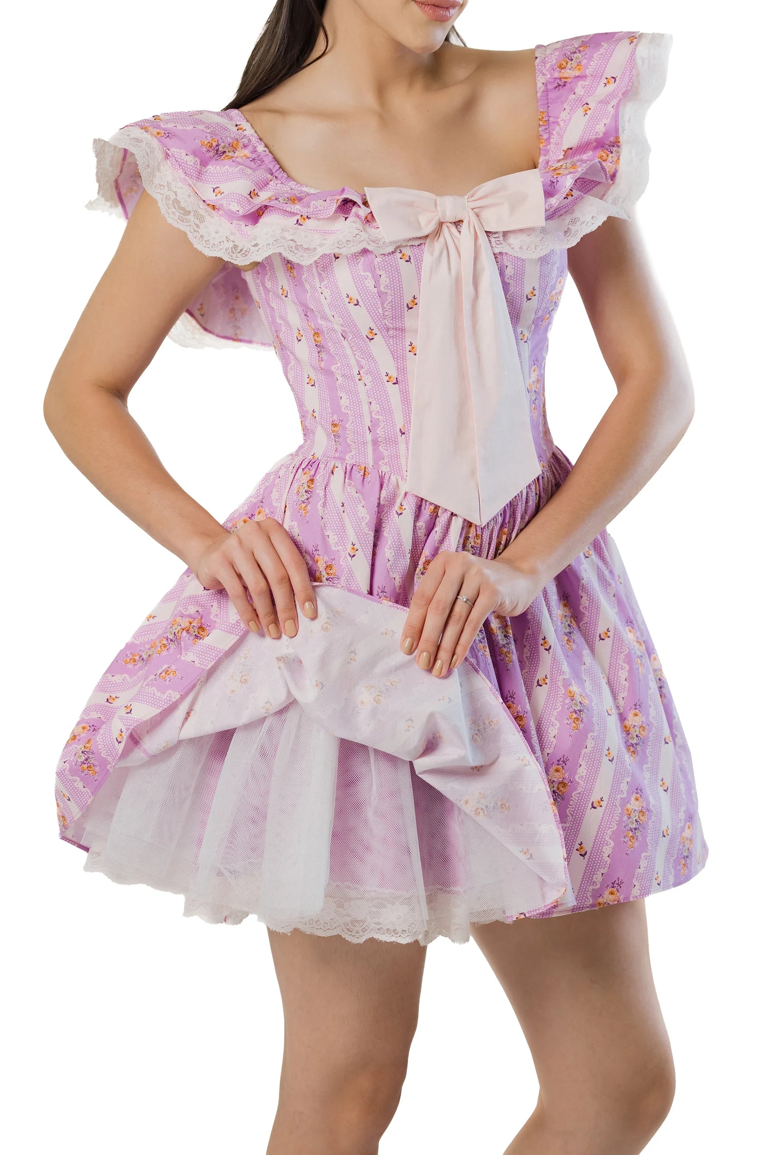 Purple floral off-shoulder mini dress showing tulle underskirt and lace trim