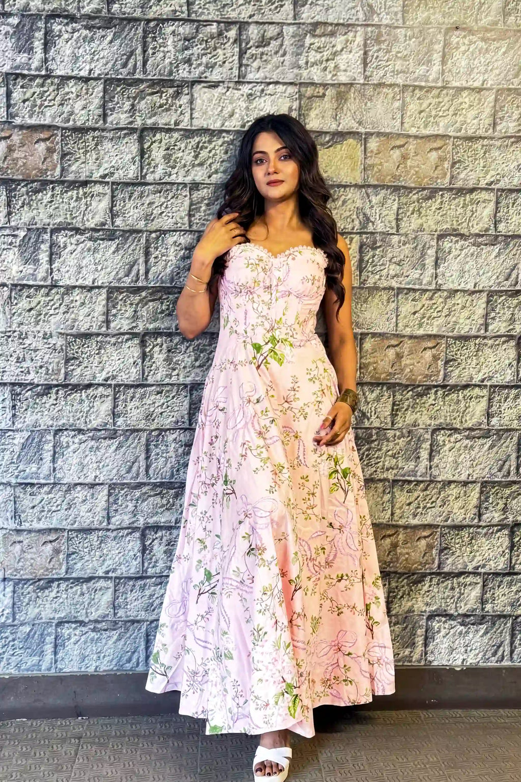 Rashmi Gupta in blush pink floral corset midi dress by Pretty Pixie