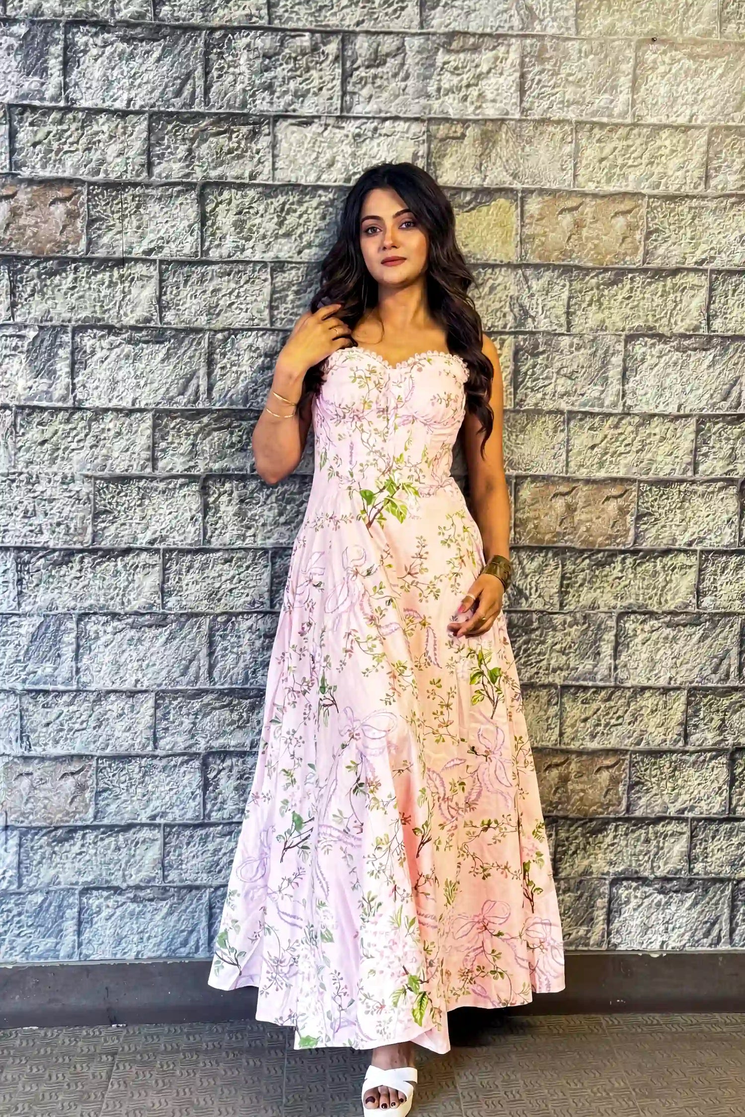Rashmi Gupta in blush pink floral corset midi dress by Pretty Pixie