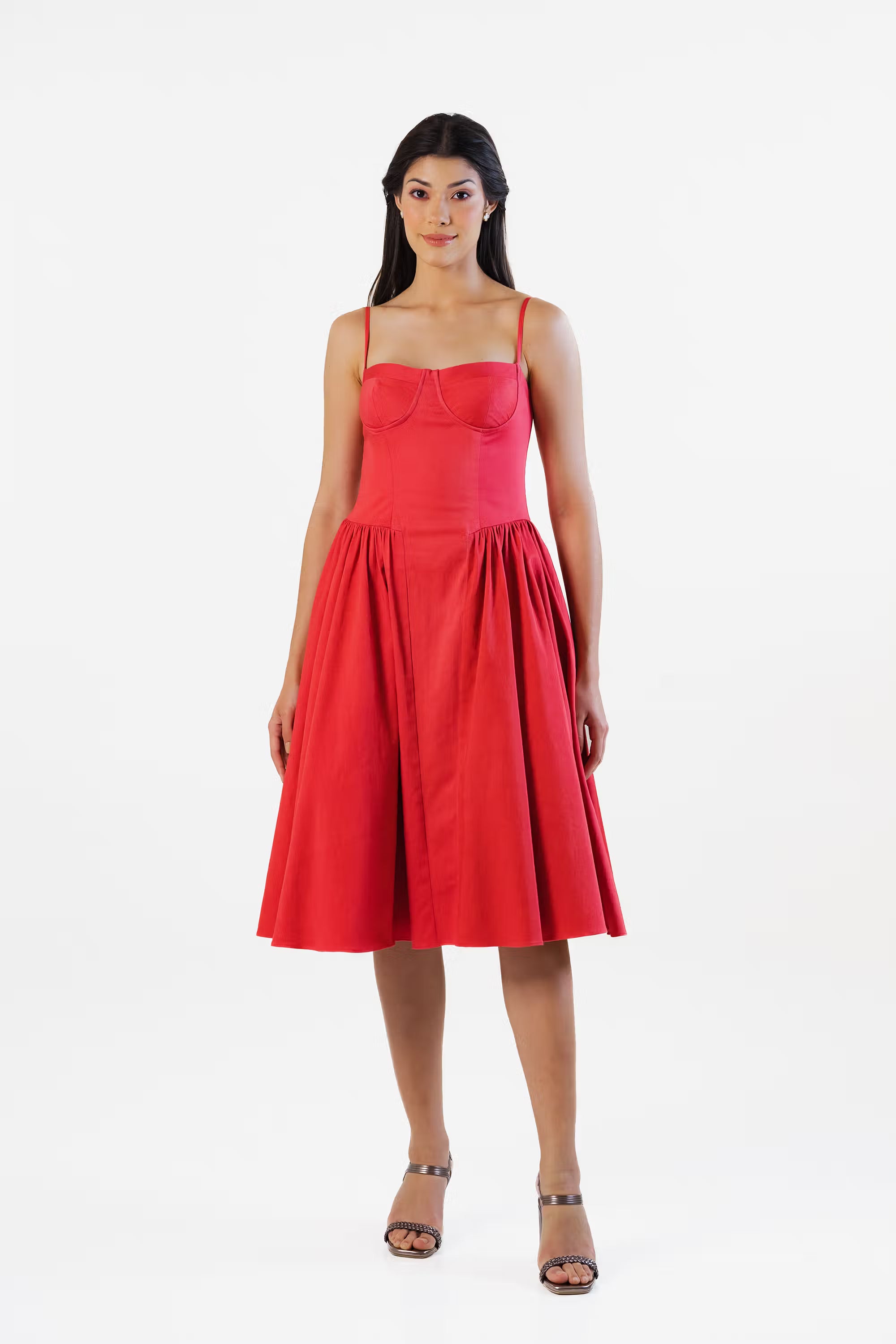Front view of elegant red corset midi dress with spaghetti straps and flared skirt