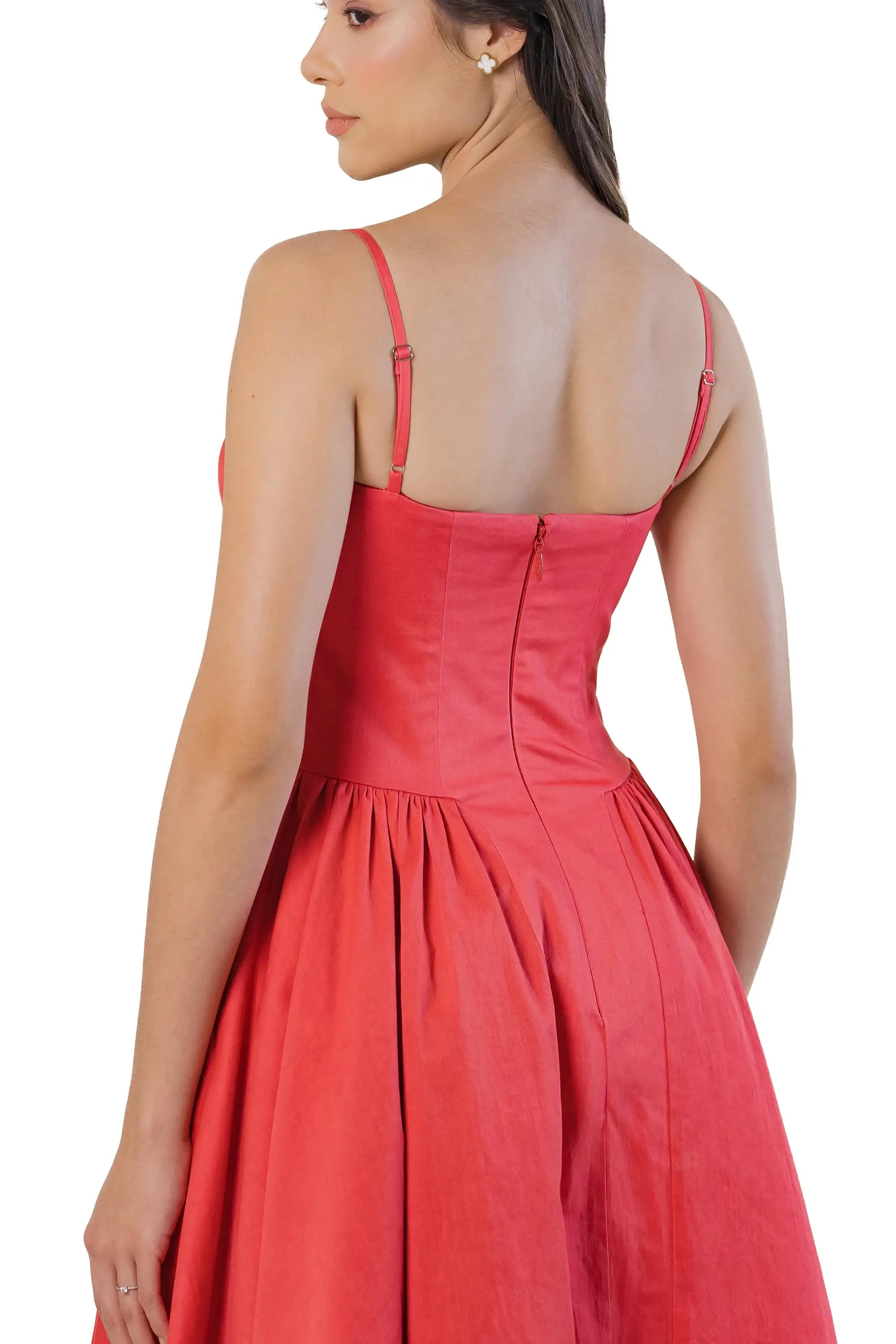 Back view of red cotton midi dress with adjustable straps, center-back zipper and gathered waist