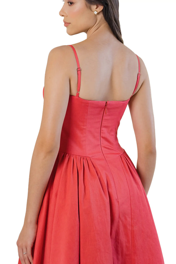 Coral Red Spaghetti Strap Bustier Midi Dress — view 3