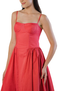 Women’s red cotton midi dress with bustier bodice and spaghetti straps — side view, fit-and-flare skirt