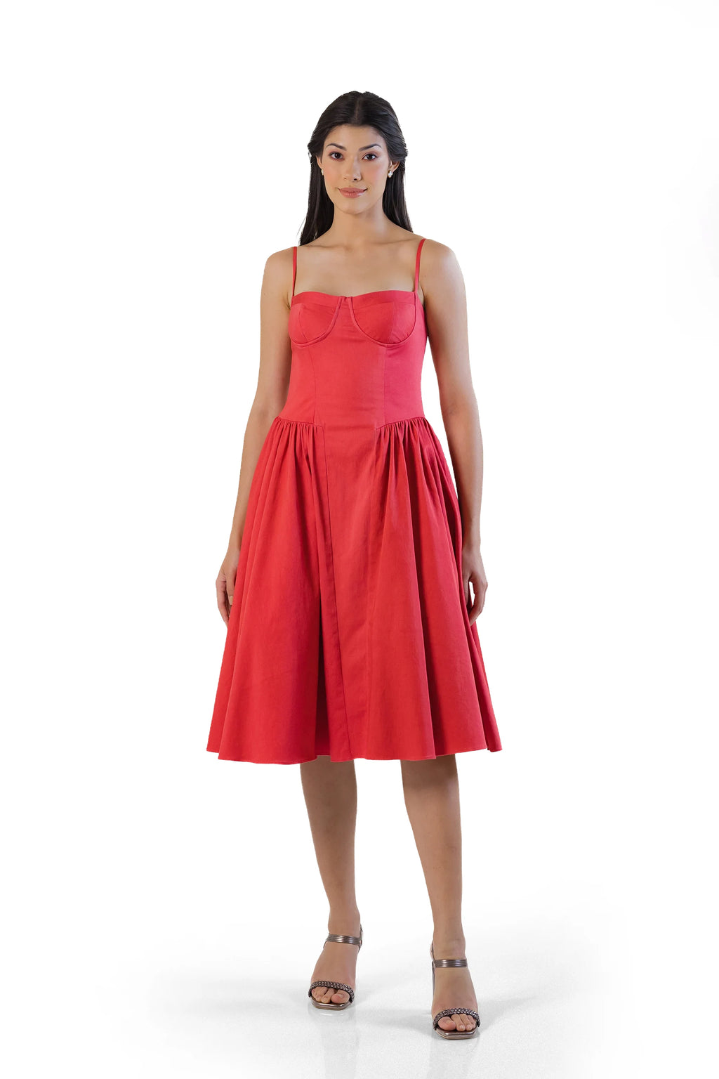 Full-length front view: women’s red cotton midi fit-and-flare dress with bustier top and straps