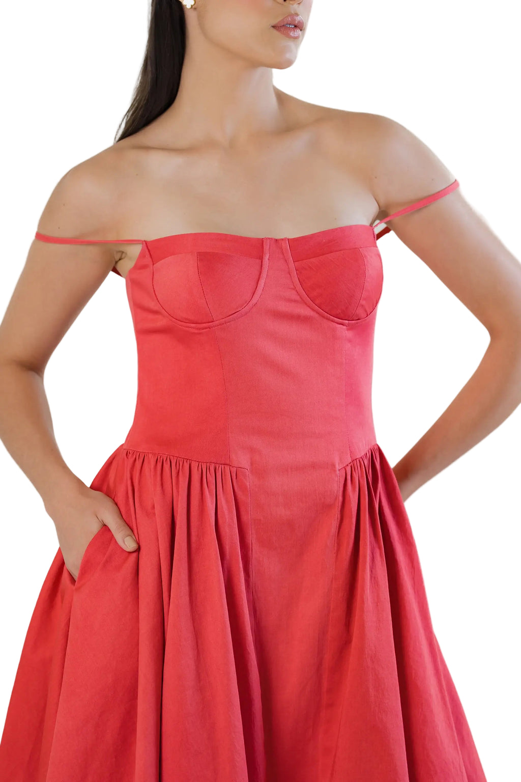 Red cotton midi dress styled with straps off-shoulder, bustier bodice and pockets — front torso view