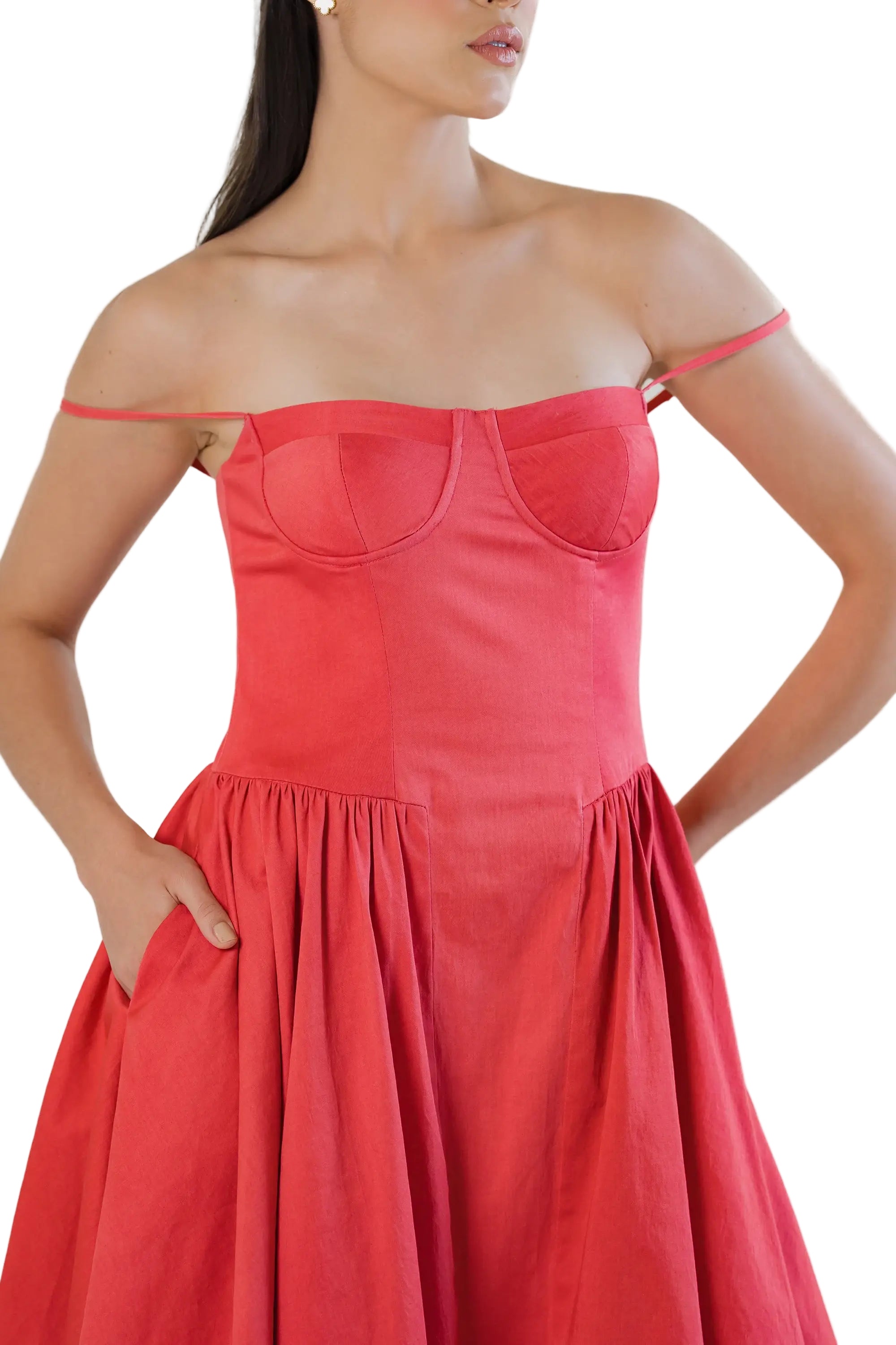 Red cotton midi dress styled with straps off-shoulder, bustier bodice and pockets — front torso view