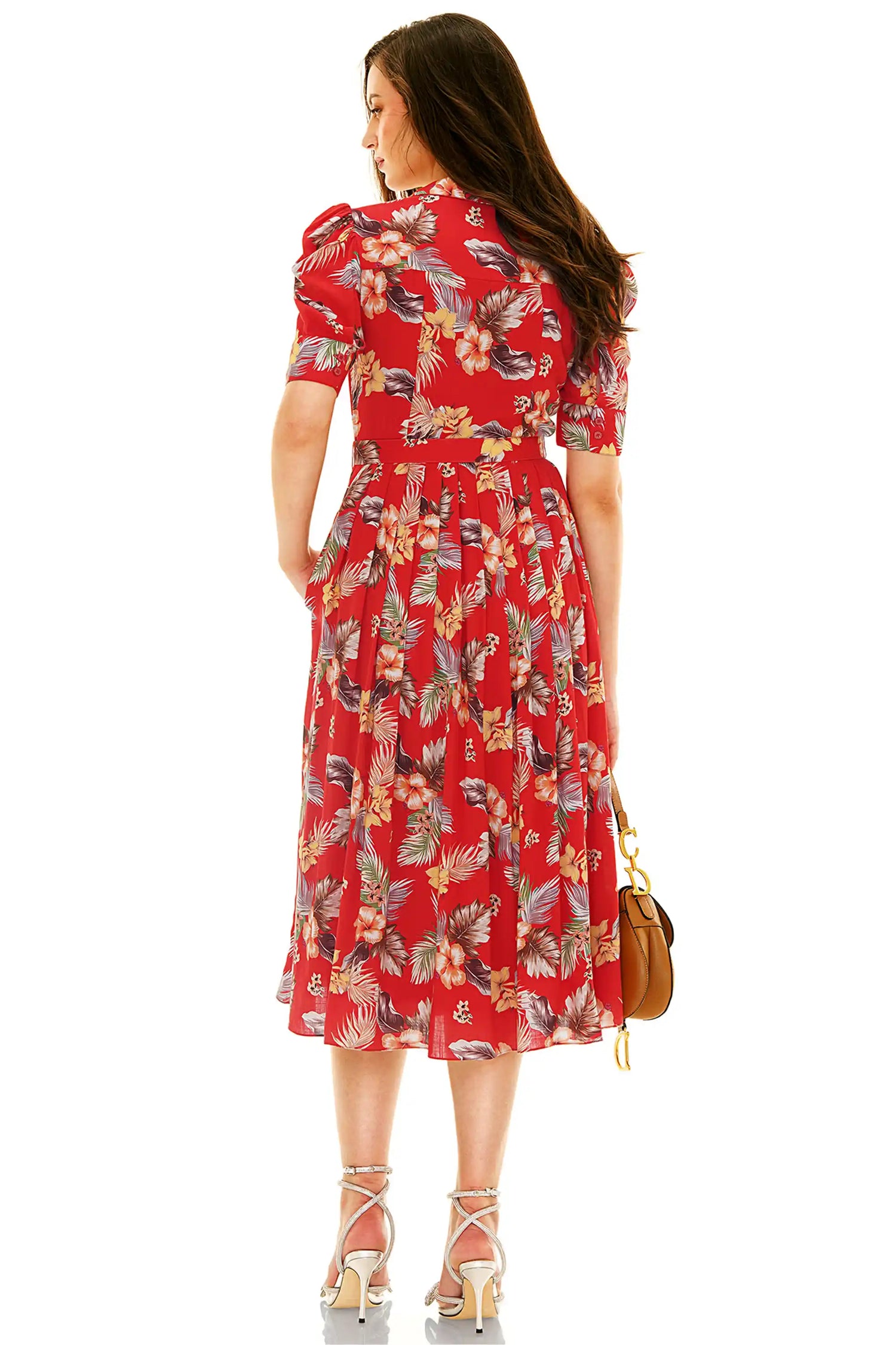 Red floral collared midi dress with tropical print and pleated skirt, back view
