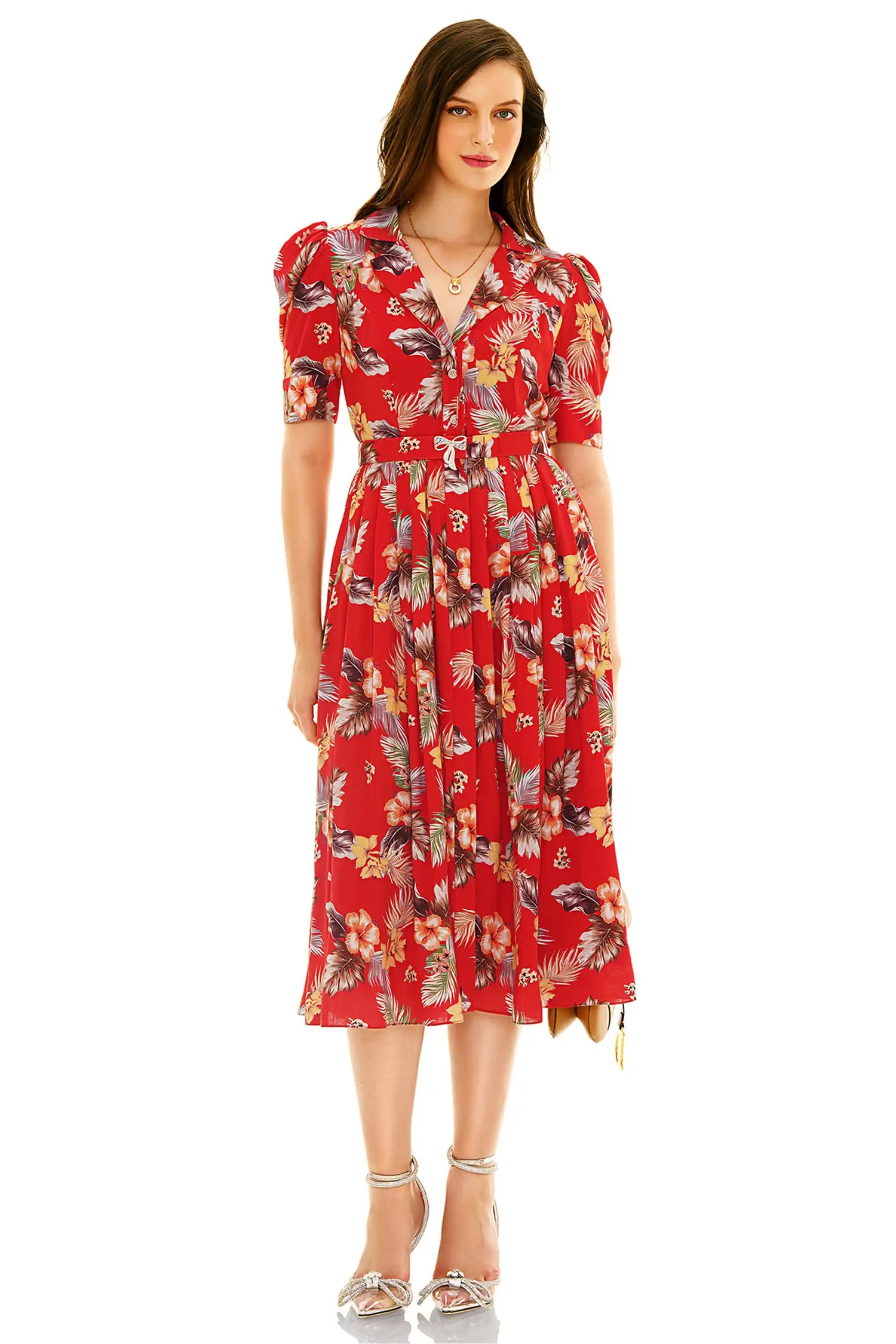 Red floral collared button-down midi dress with short sleeves and waist belt, front view
