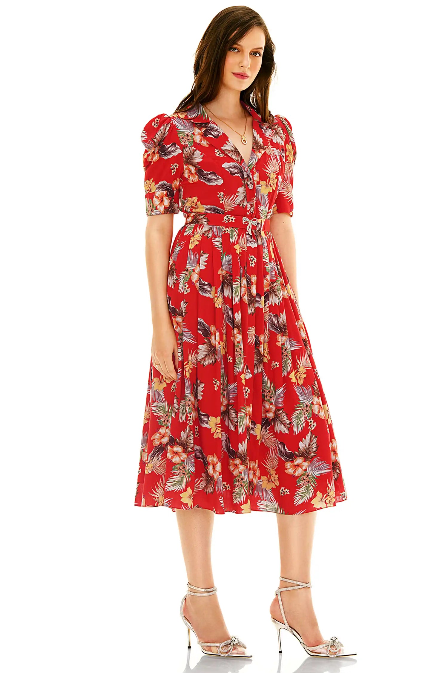 Red floral collared midi dress with short sleeves and belted waist, side view