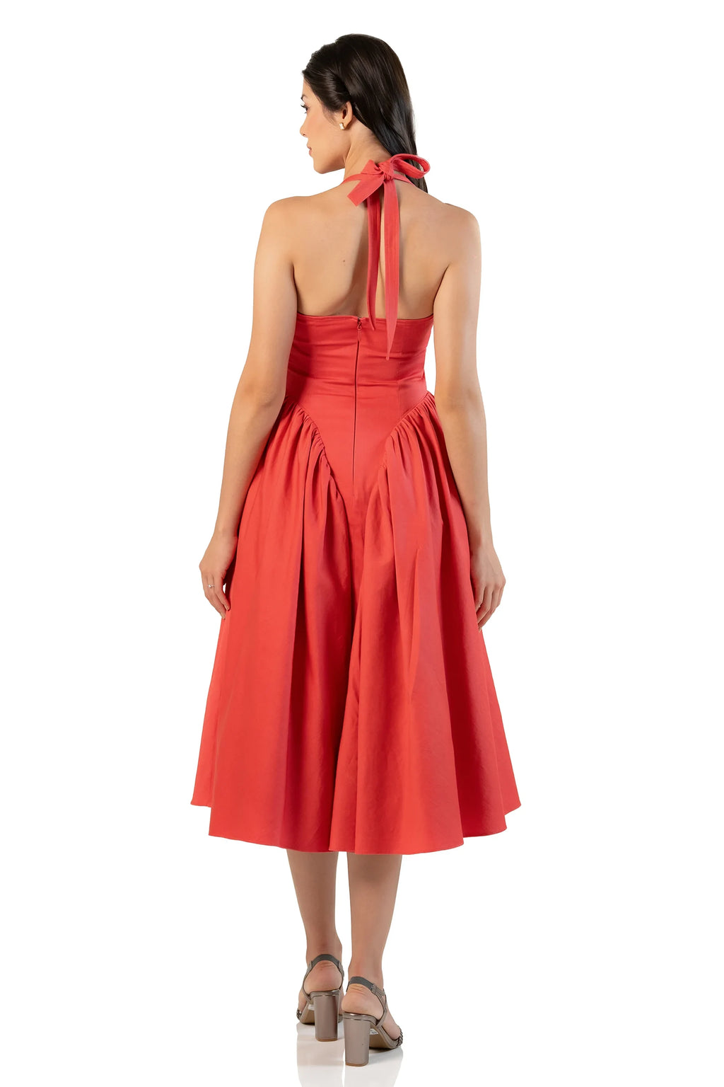 Back view of red halter midi dress with zipper