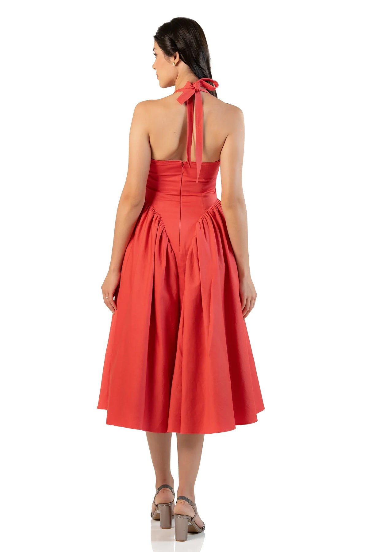 Winterberry Red | Halter midi dress back view with zipper