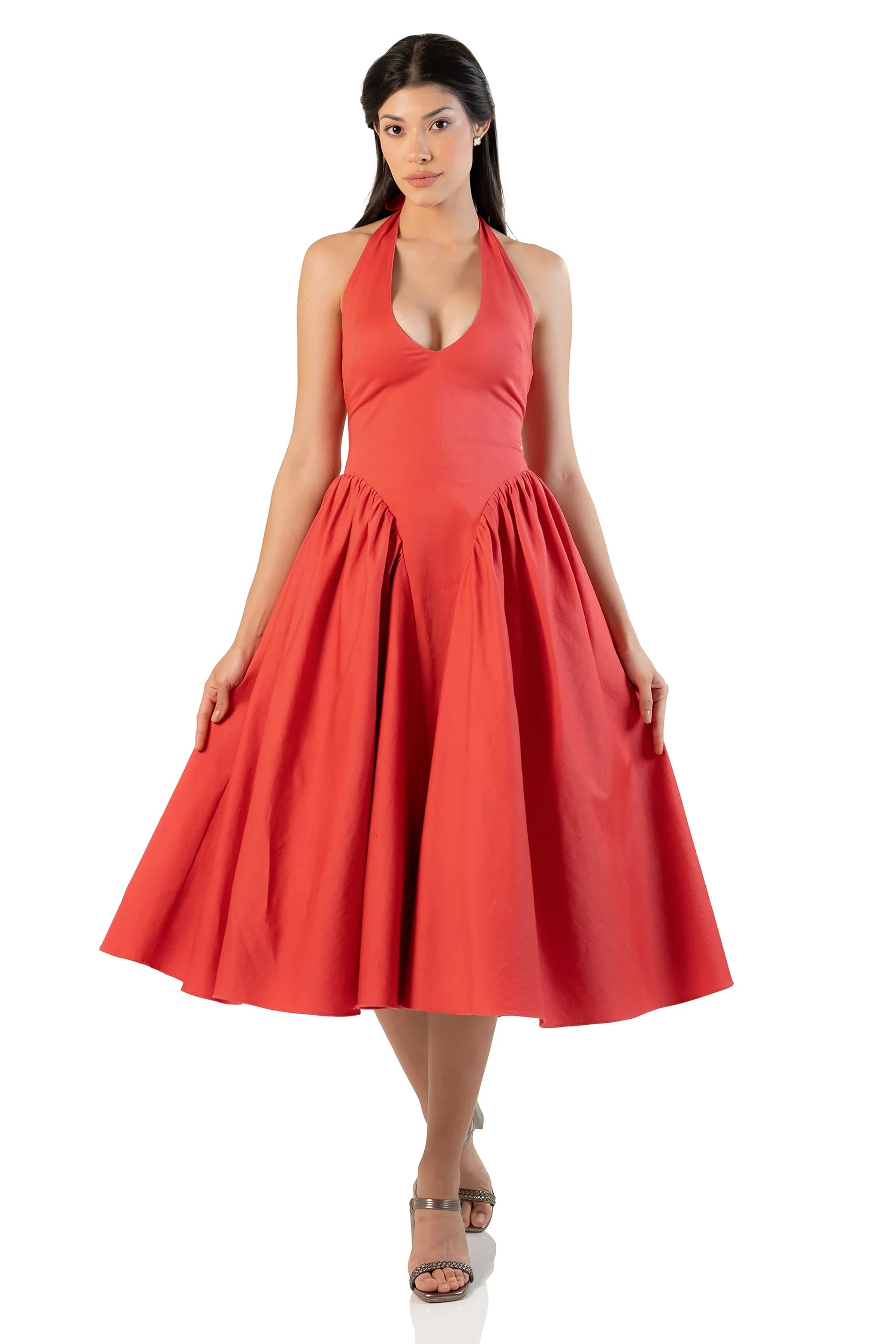 Solid red halter midi dress, front view on model