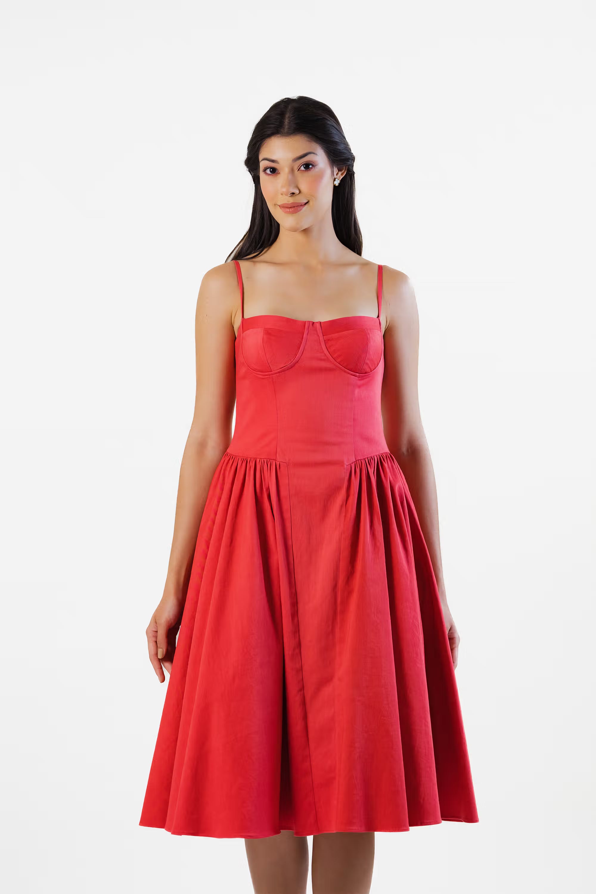Women in red corset midi dress with fitted bodice and sweetheart neckline