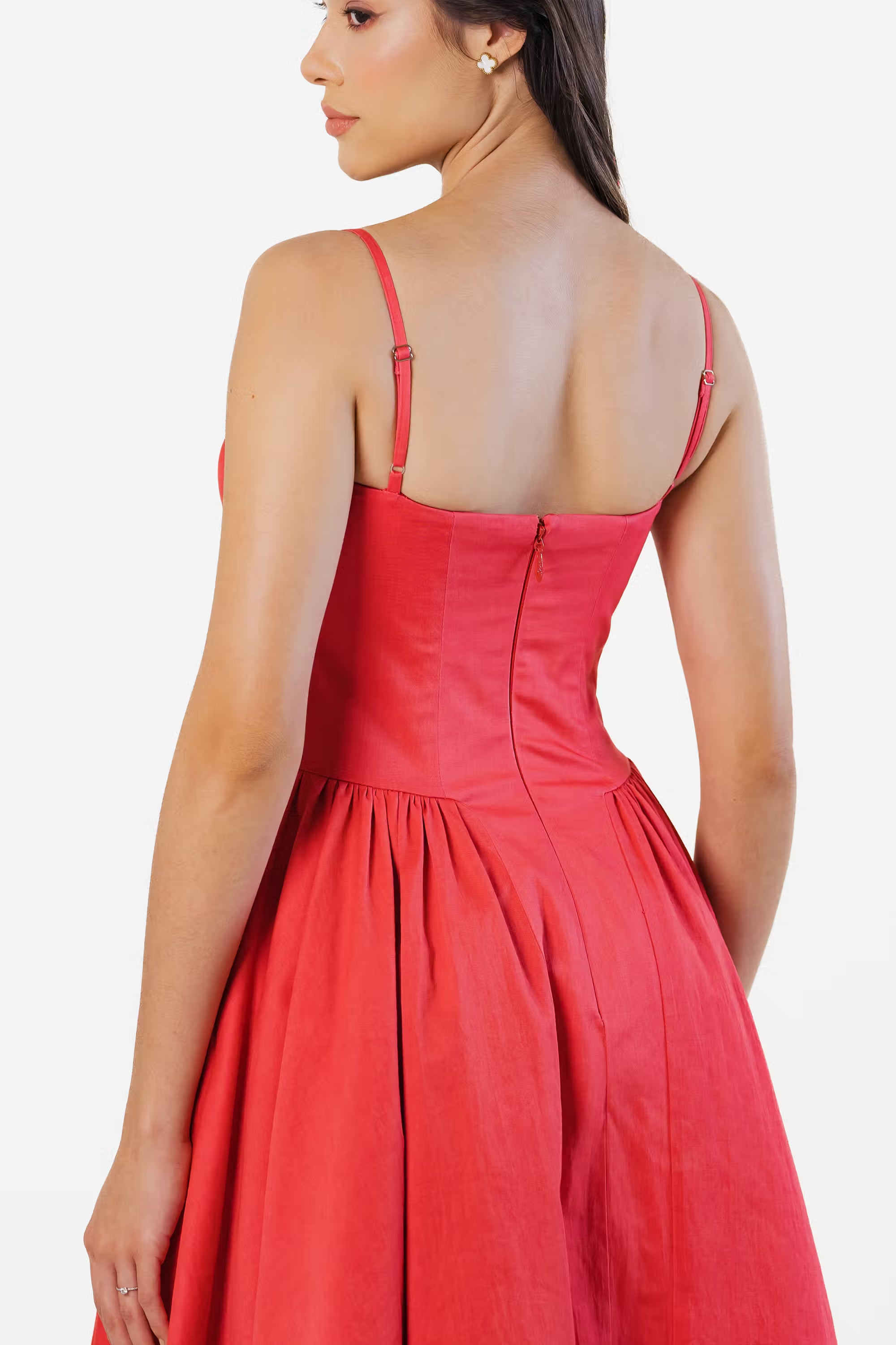 Back view of red midi dress with adjustable straps and hidden zipper