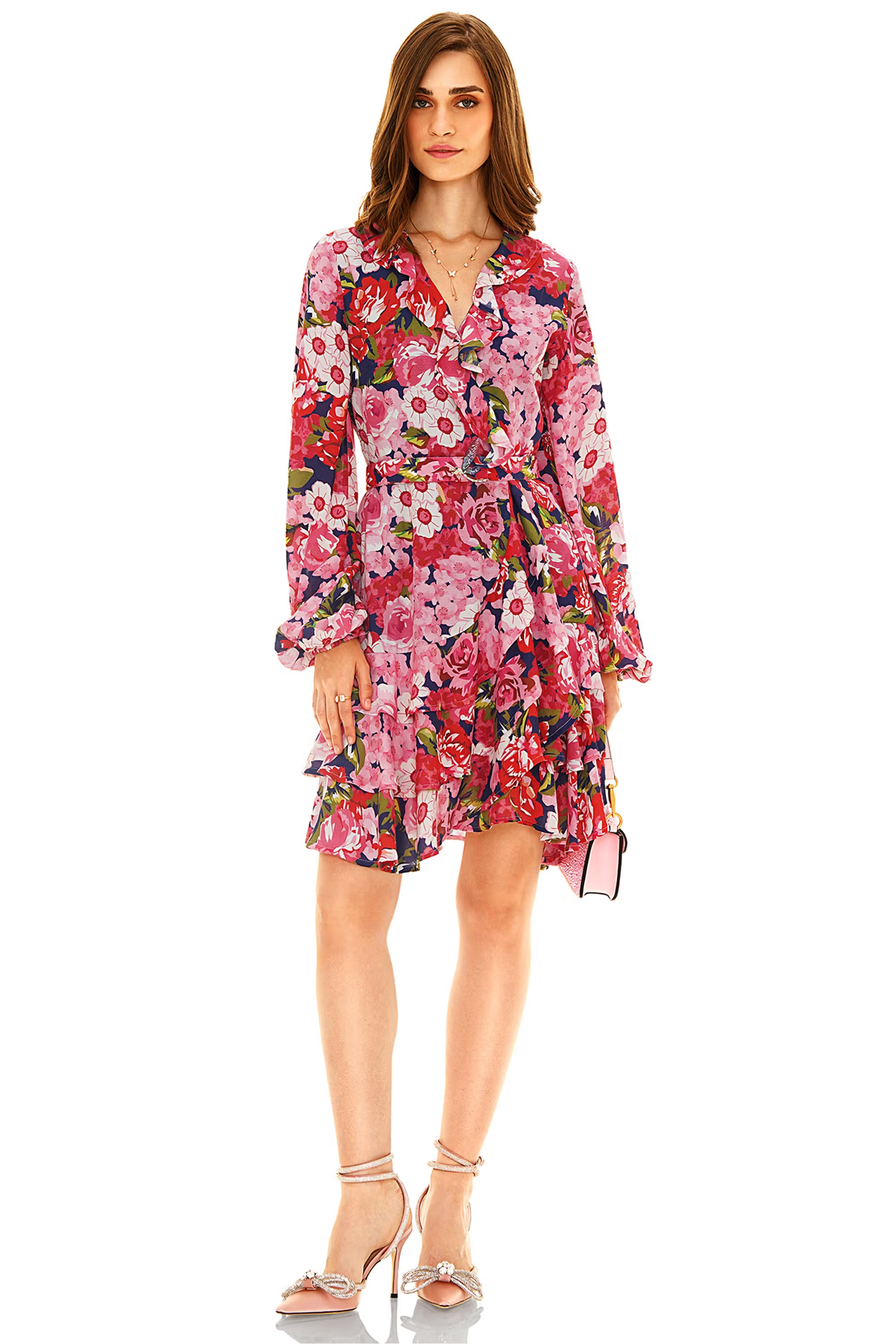Red pink floral wrap mini dress front view with long sleeves