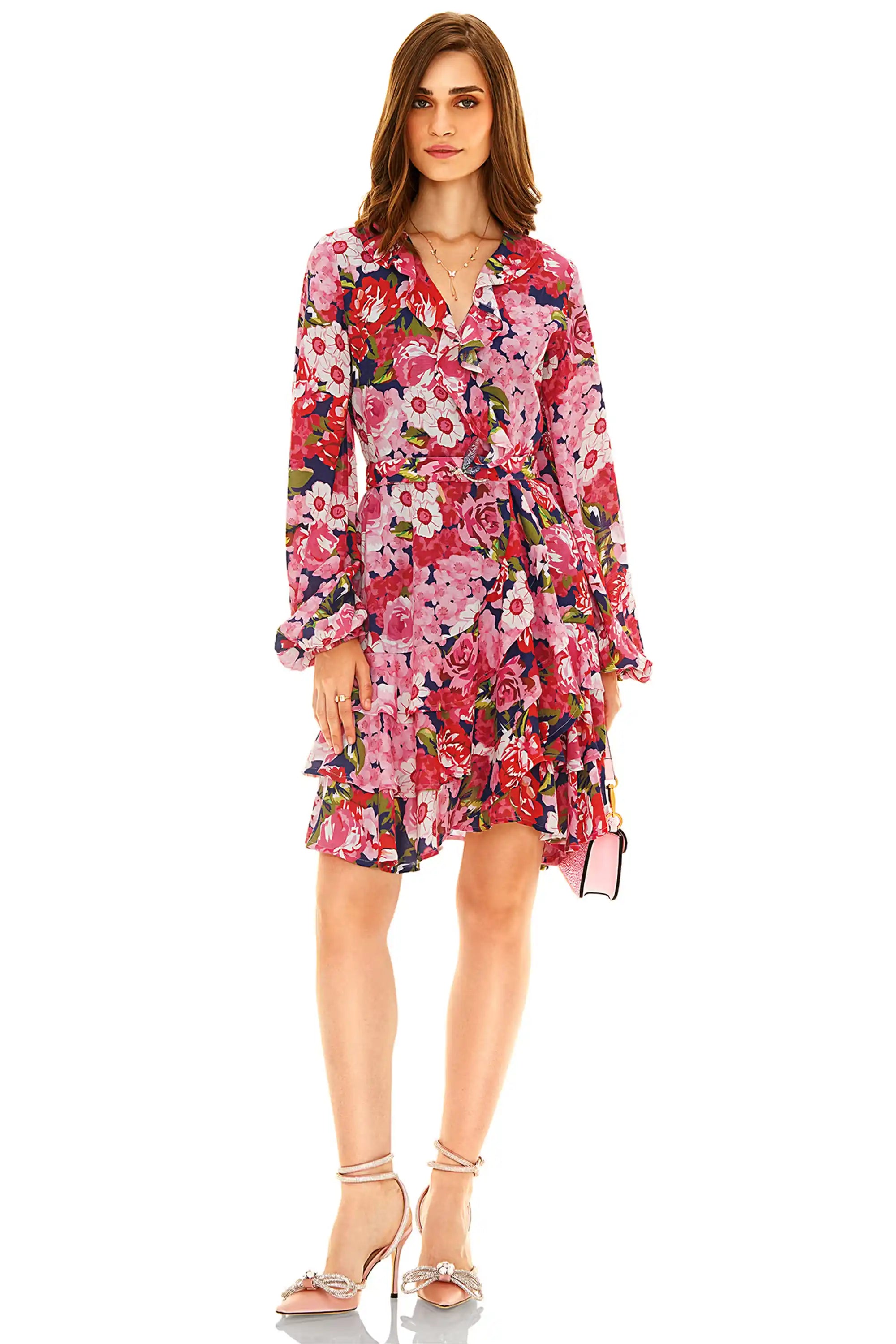 Red pink floral wrap mini dress with ruffle hem and long sleeves – front view