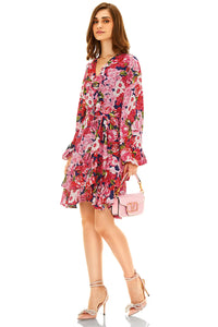 Side view of red pink floral wrap mini dress with layered ruffles and v-neckline