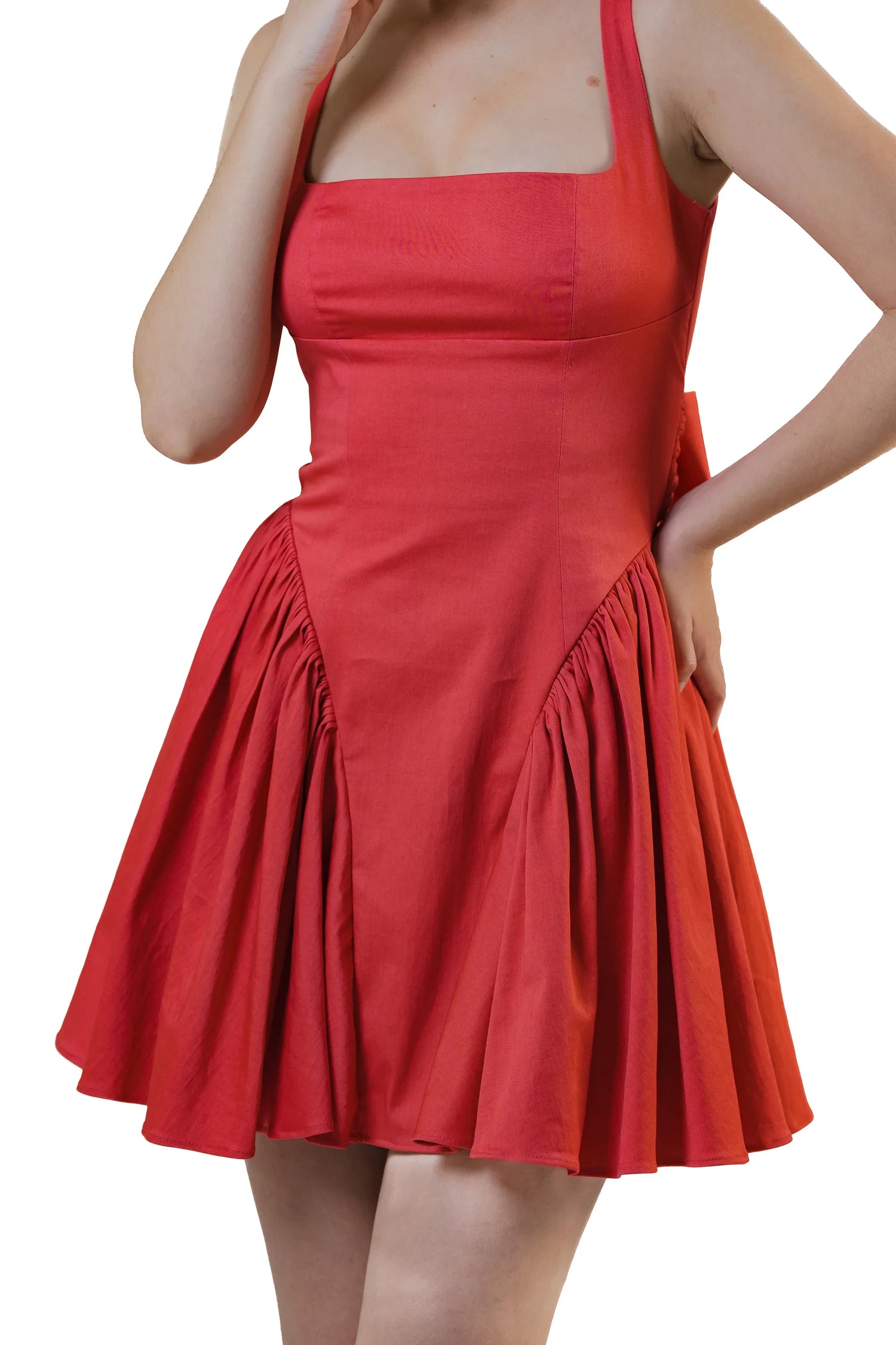 Bodice detail of red square-neck fit-and-flare mini dress