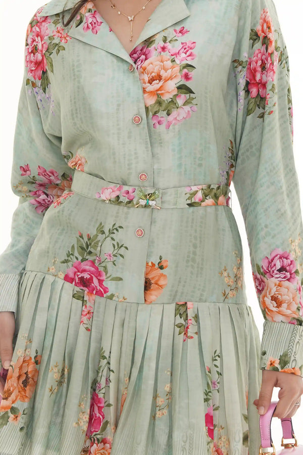 Close-up of Pretty Pixie Rosalyn light-teal floral tiered belted maxi dress