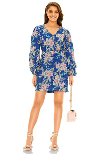 Pretty Pixie royal blue floral v neck long sleeve mini dress front
