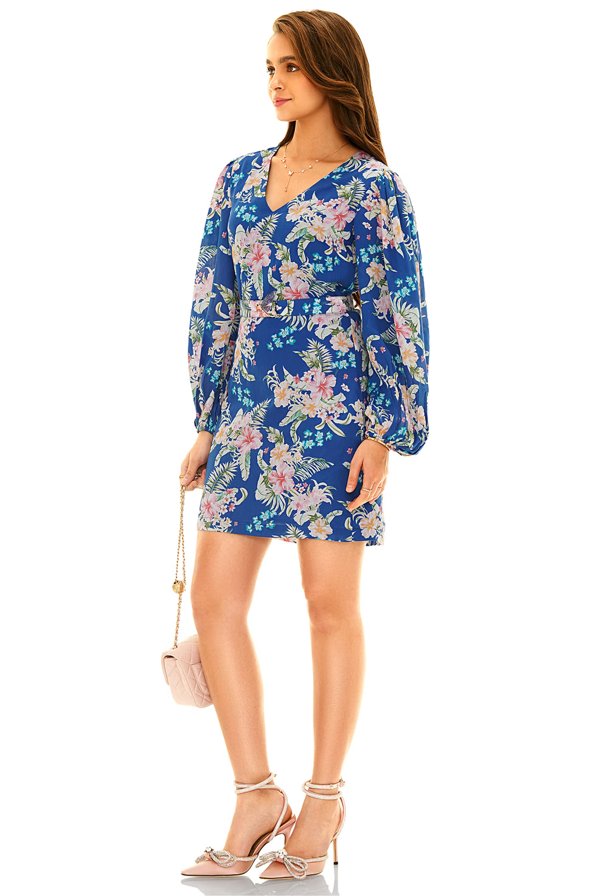 Royal blue floral V-neck long-sleeve mini dress with belted waist, side view