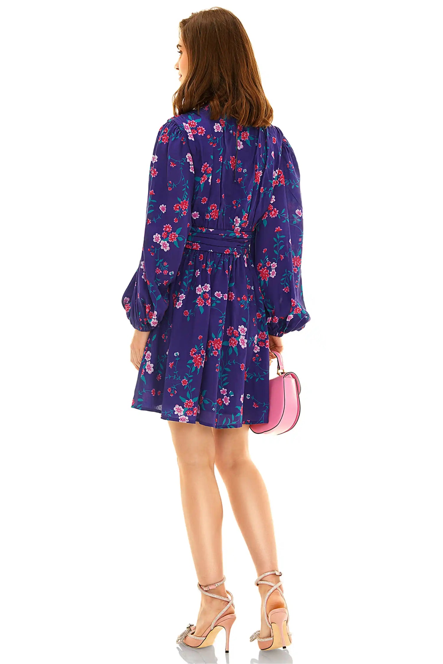 Royal Indigo floral belted mini dress back view, flare hem, long puff sleeves.