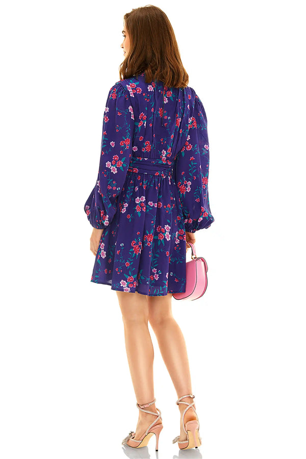 Royal Indigo Floral V-Neck Puff-Sleeve Belted Mini Dress — view 2